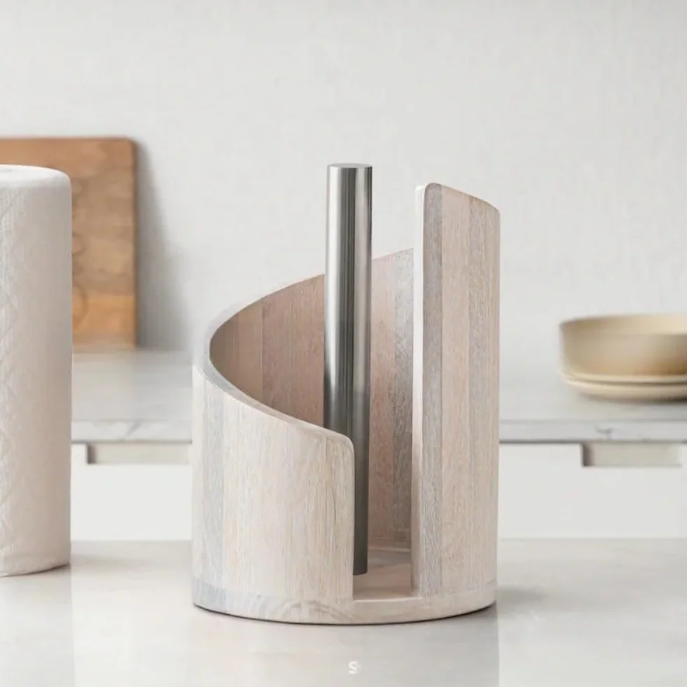 Soporte vertical para toallas de papel encimera base madera barra metal
