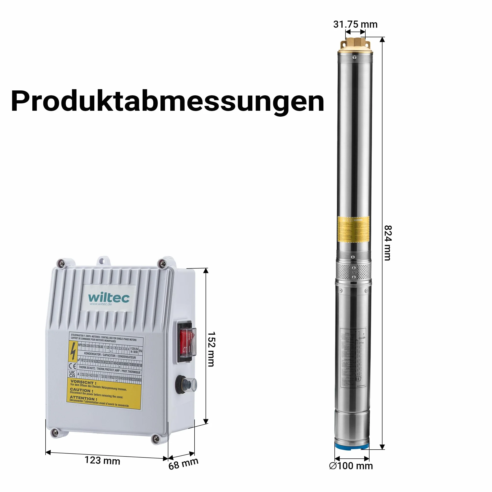 Wiltec Bomba para pozos profundos de 4" y 550 W, bomba de agua con un caudal de 6000 l/h, sifón sumergible con profundidad de inmersión máx.de 20 m y altura de elevación máx. de 59 m