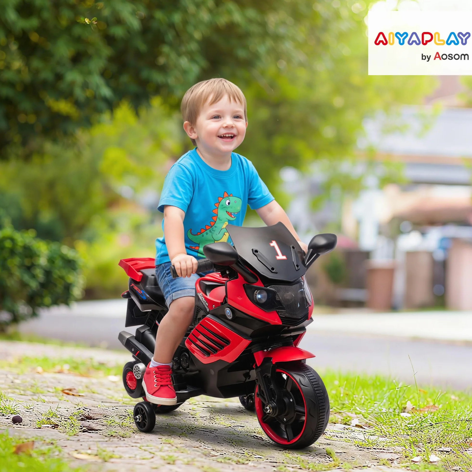 AIYAPLAY Moto Eléctrica para Niños 6V, con Ruedas de Apoyo, Música, Faro, Rojo