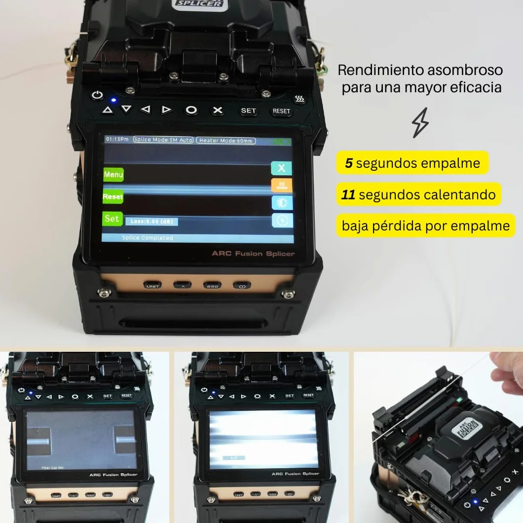 SD-9 Fusion Splicer Empalmadora de Fibra Optica con OPM y VFL Rápida 5s de Empalme y 11s de Calentamiento, fusionadora Core Alignment 6 Motores con Batería 7200mAh para Proyectos FTTx FTTH