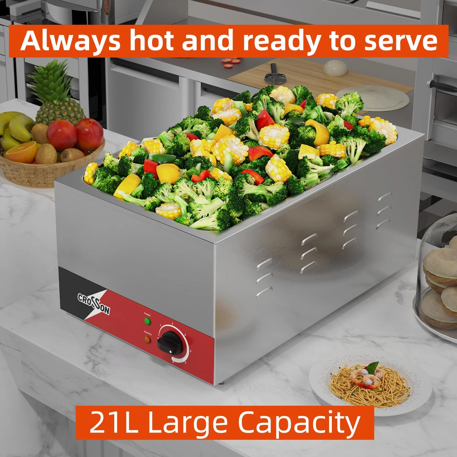 CROSSON Bain Marie Gastronorm 1/1, Calentador de Alimentos Profesional, Temperatura Ajustable 35-85°C