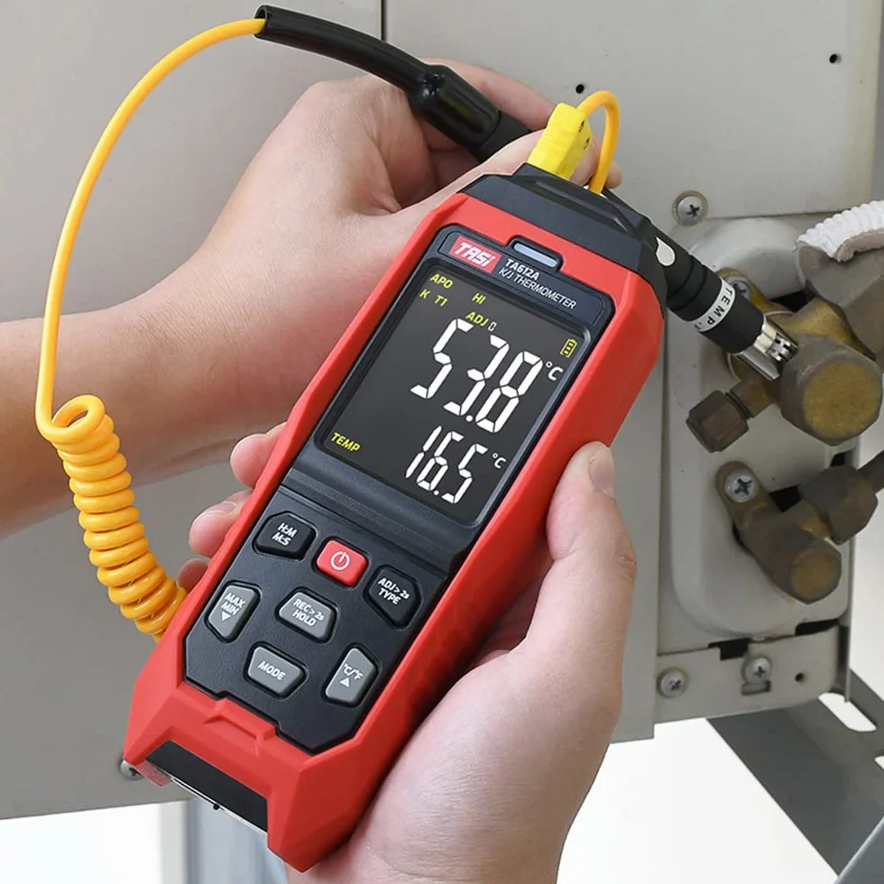 TASI TA612C Termómetro termopar tipo K/J de 4 canales -200~1372℃/ -328~2501℉ Medidor de temperatura LCD digital portátil 5000 Grupos Almacenamiento de datos con carga de datos USB y