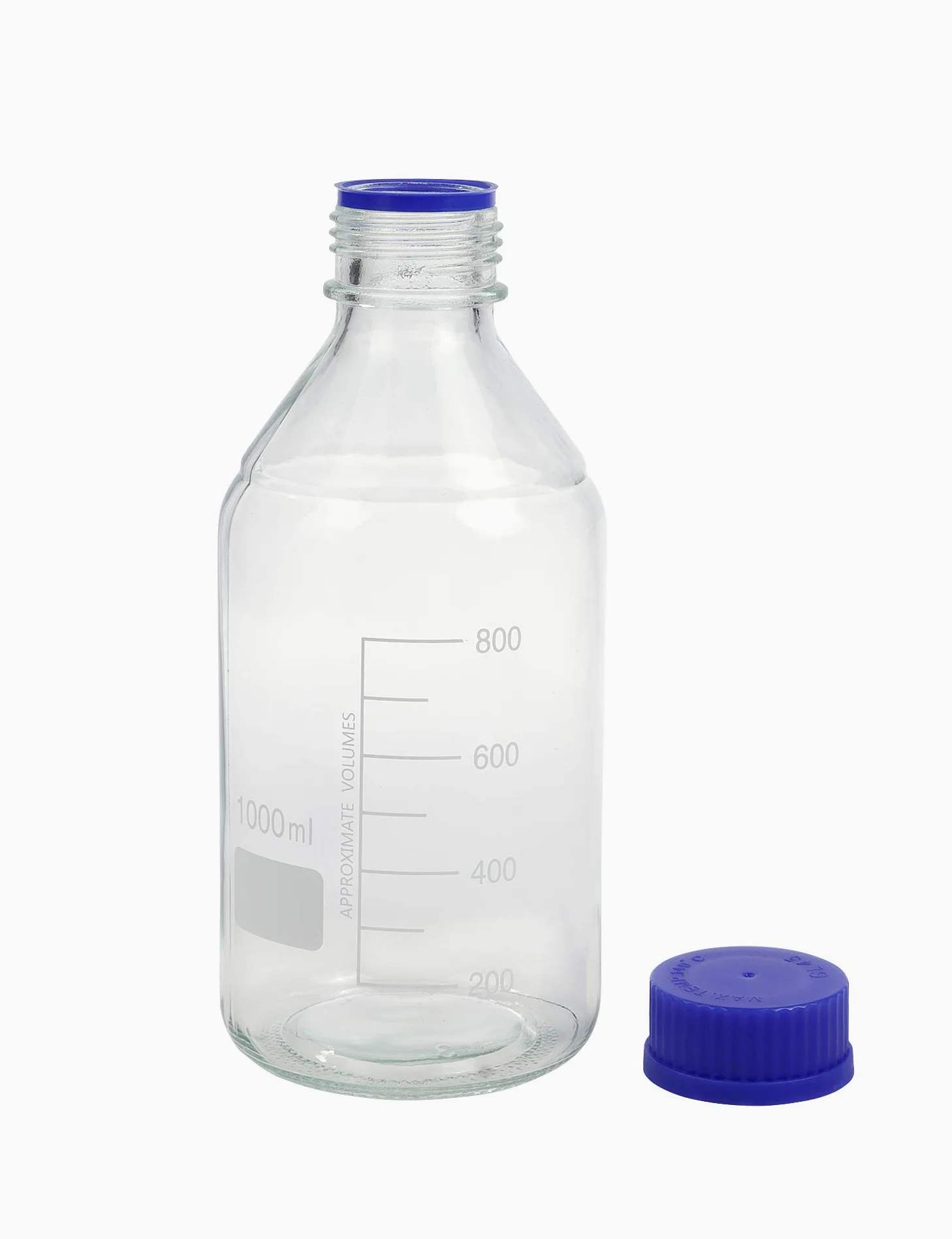 Pyrex - Paquete de 4 botellas de vidrio redondas graduadas de 1000 ml con tapón de rosca de polipropileno azul GL45