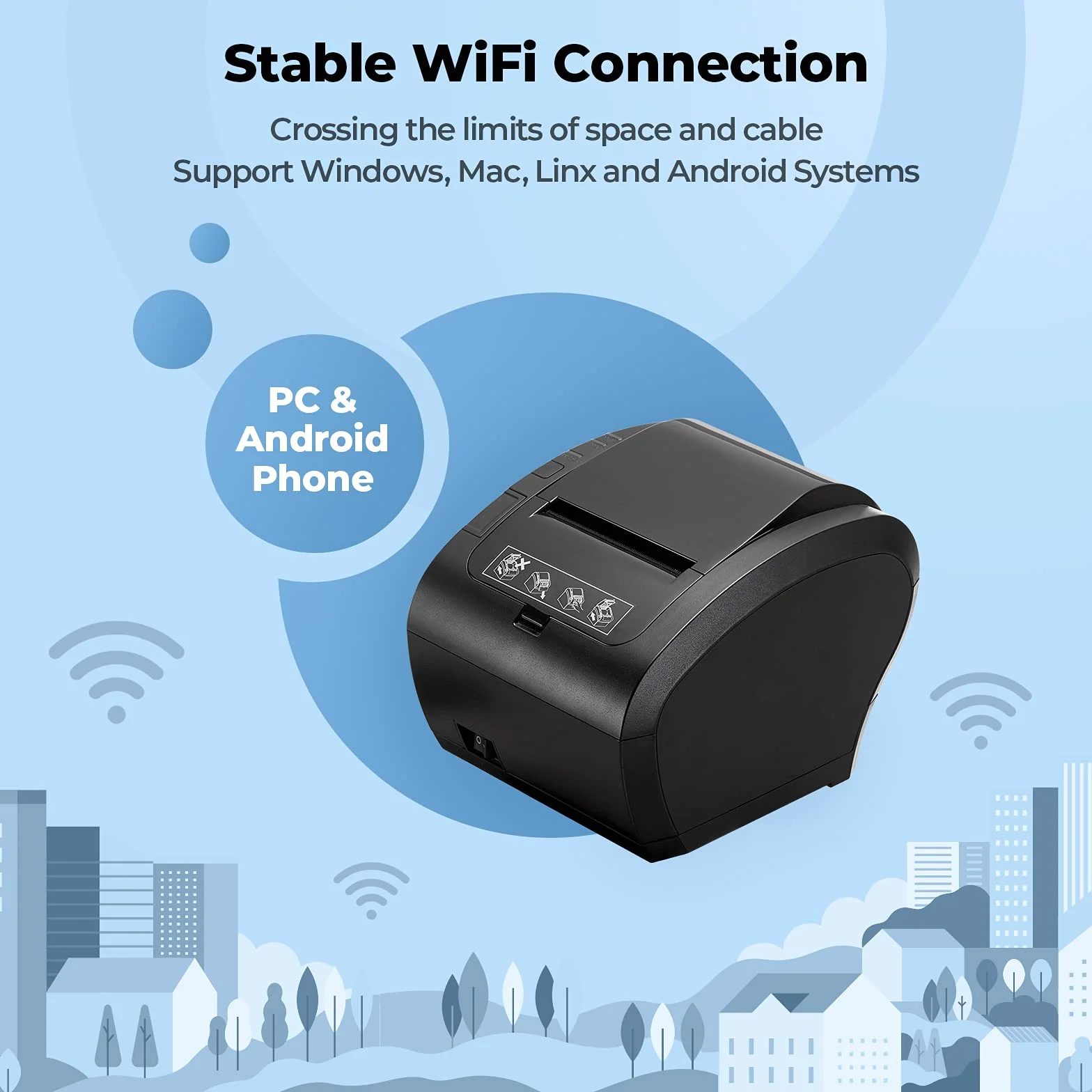MUNBYN WiFi Impresora termica, Impresora de Ticket, Térmica WiFi, Impresora de Recibos 80mm, Ticketera Velocidad 300mm/s ESC/POS Compatible con Mac/Android/Windows-Negro