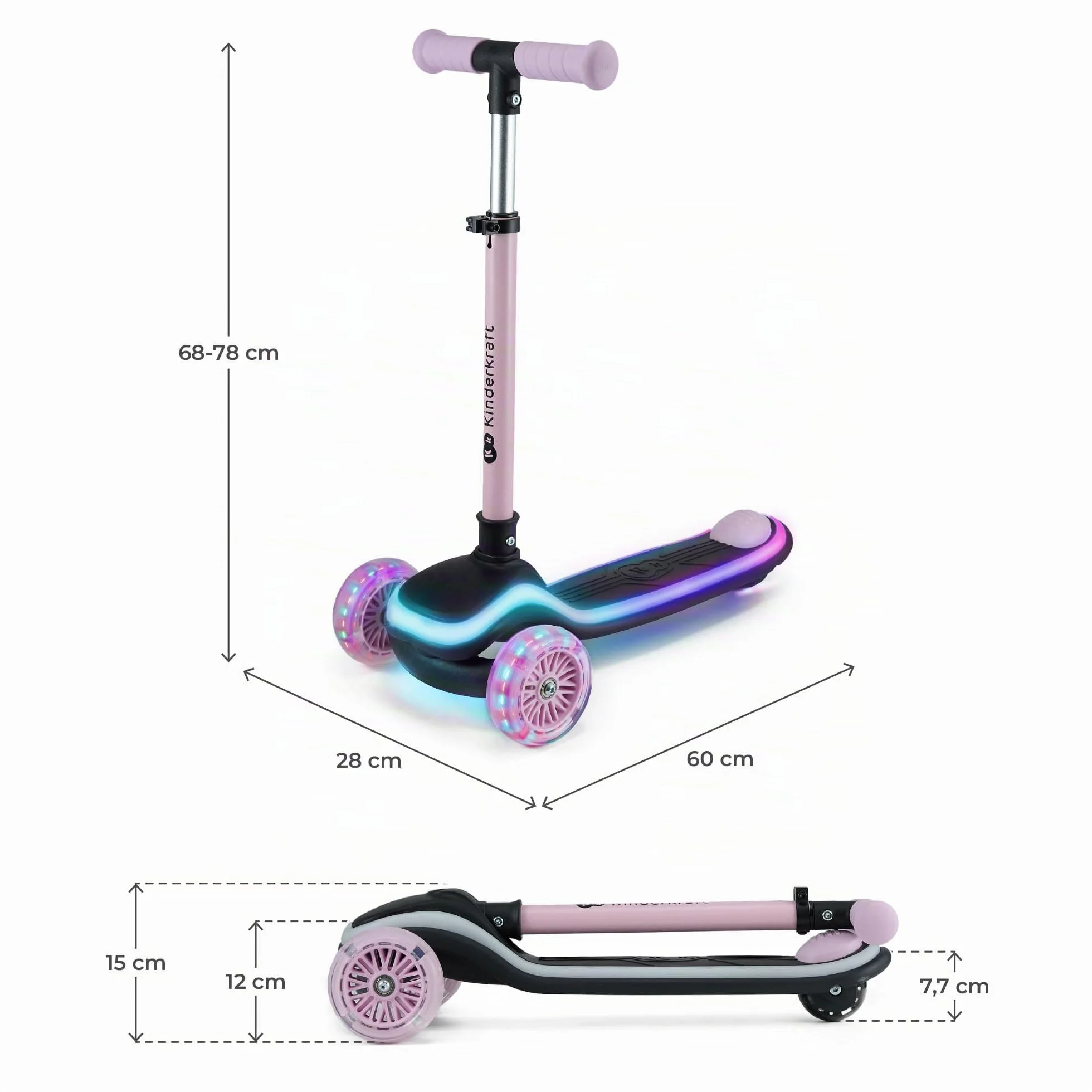 Kinderkraft RAKET Patinete para niños 1 año 50 kg Ruedas LED Manillar Regulable Altura Rosa