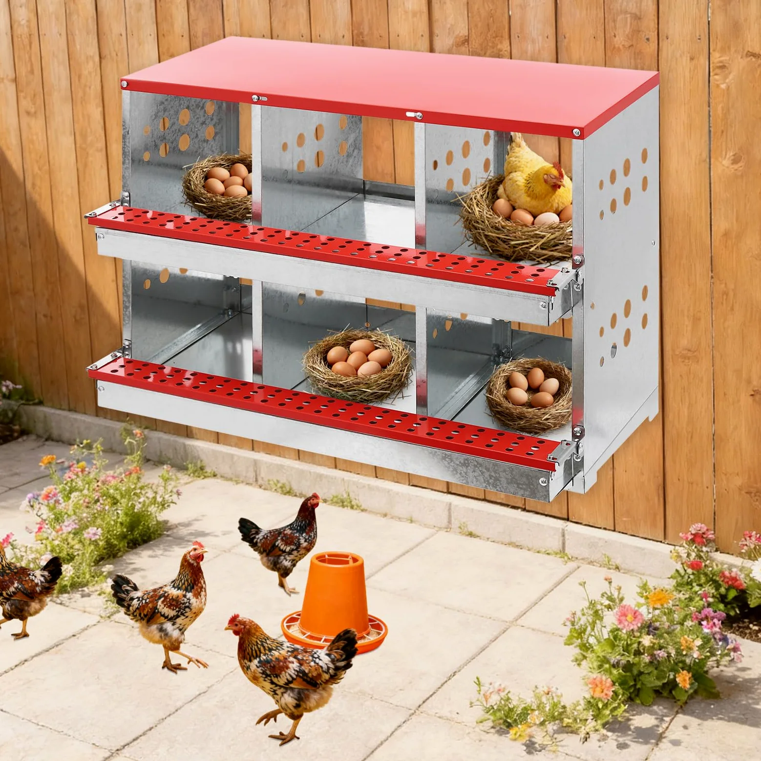 Caja nido de 6 agujeros para pollos, gallinero de metal de dos pisos, nido de pollo con orificios de ventilación para hogares, granjas y criaderos grandes