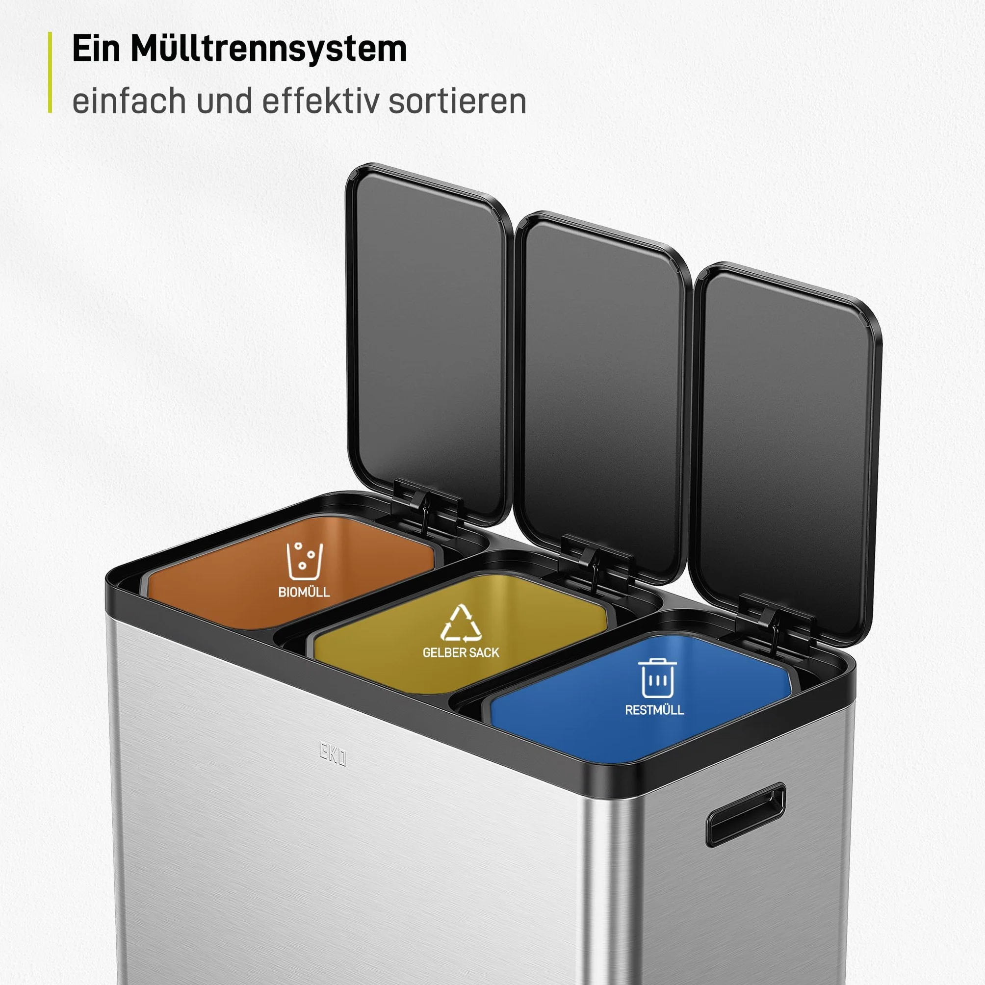 EKO Cubo de basura Essential con 3 compartimentos, 3 x 20 litros, sistema de separación de basura, incluye 20 bolsas de basura, cubo de basura grande con tapa, cierre suave y hermético, acero
