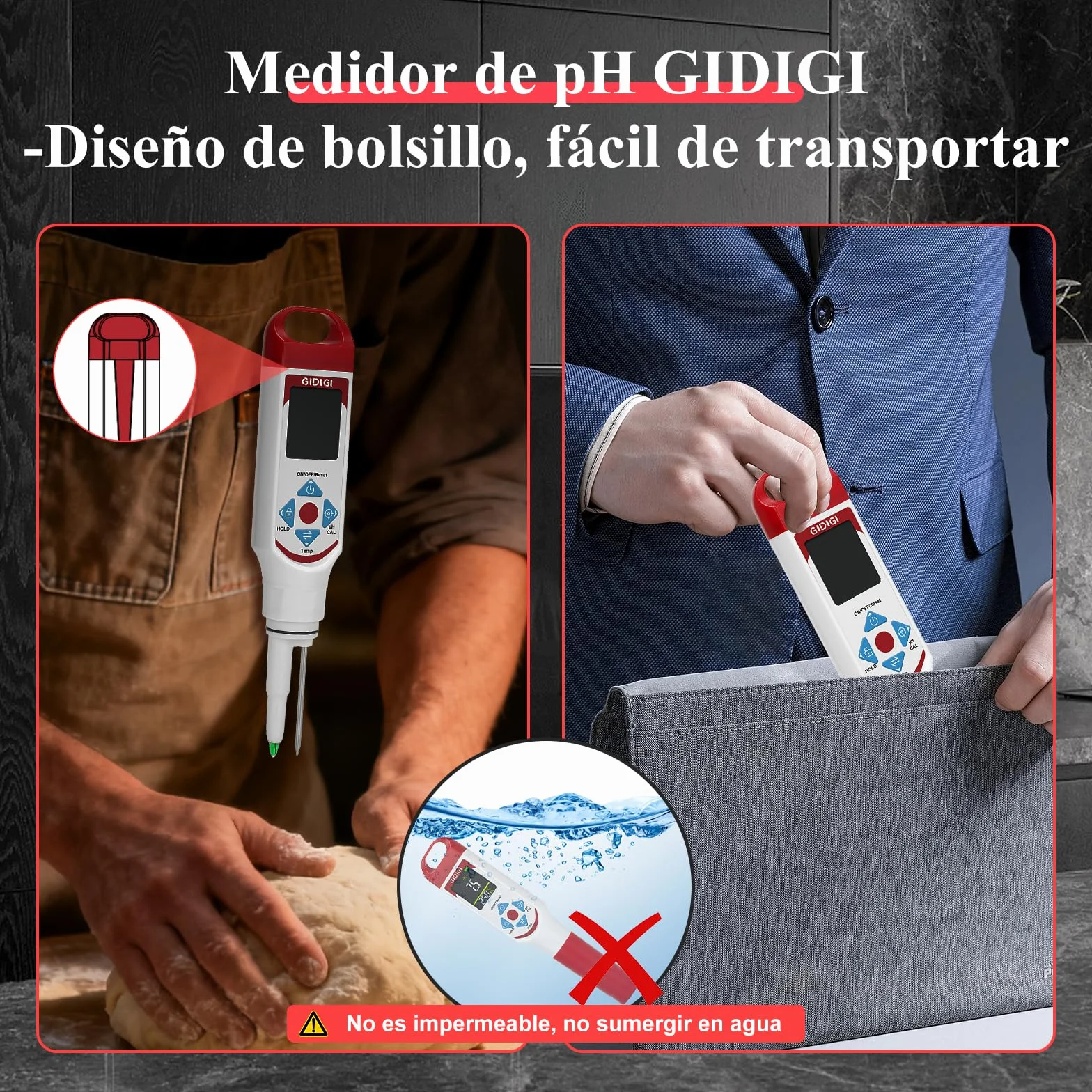 Phmetro Alimentos Medidor pH Digital con Sonda Punta de Lanza para Masa Madre Fermentación Salsas Calientes Vino