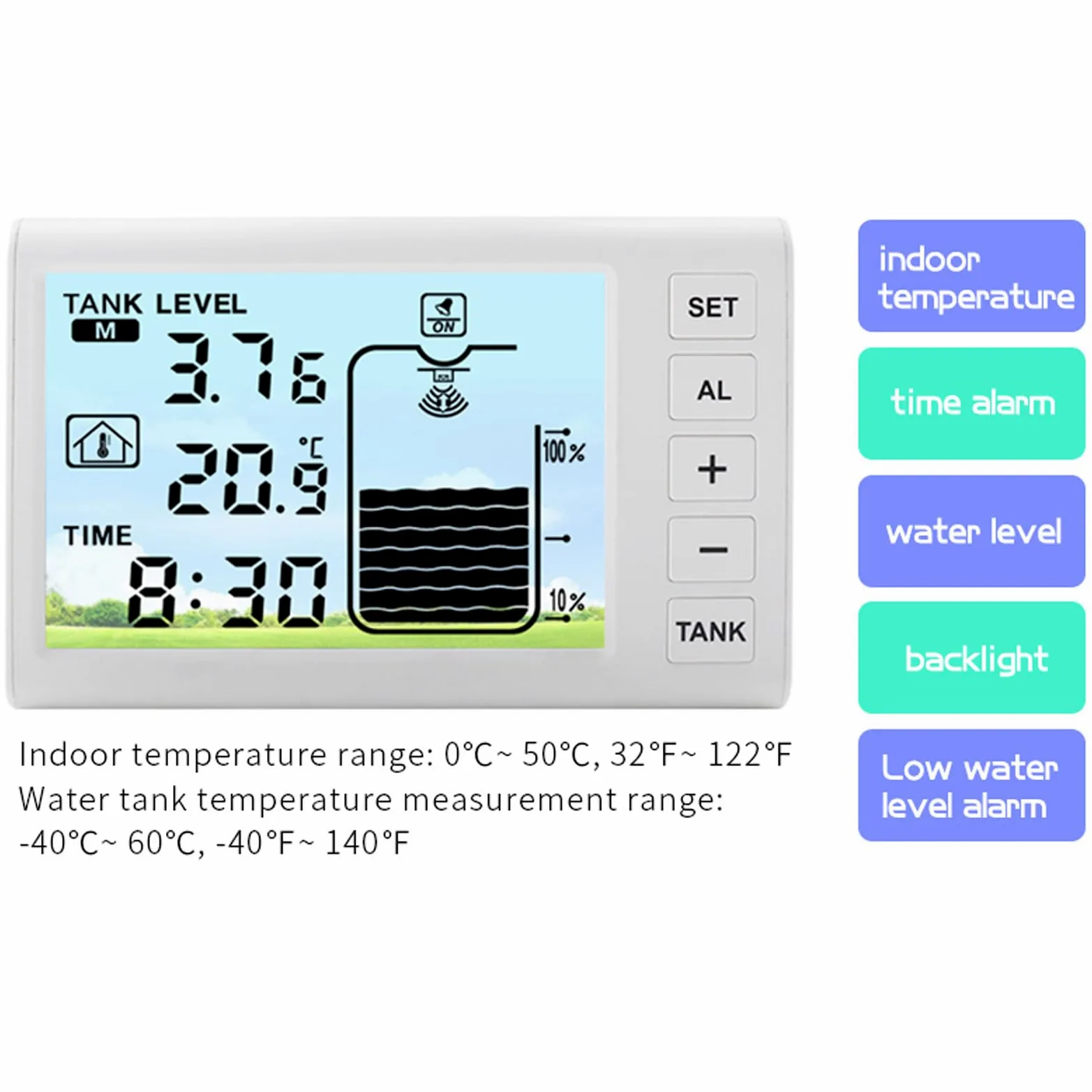 Sensor Ultrasónico de Nivel de Agua, Medidor de Nivel de Líquido Inalámbrico WiFi de Alta Precisión, Pantalla LED, Alarma Alta y Baja de 110 a 230V