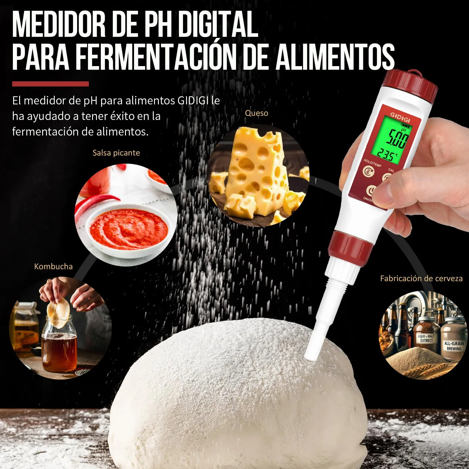 Medidor pH Alimentos Profesional con Sonda de Punta para Analizar pH y Temperatura en Líquidos y Semisólidos