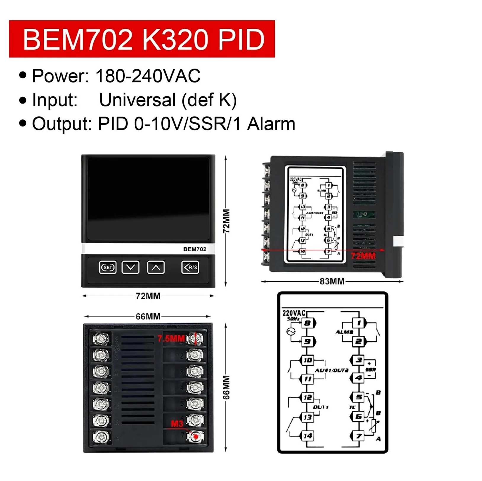 Controlador de temperatura PID BEM702-K320 PID V Pantalla digital Entrada universal 4-20 mA/RS485/0-10 V Salida Relé de estado sólido Alarma dual