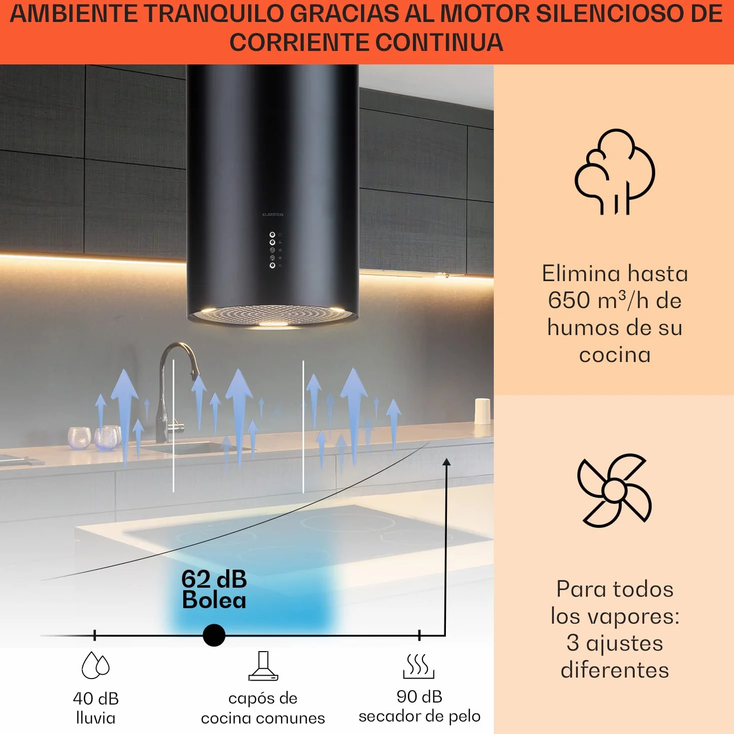 Klarstein Campana Extractora Isla para Cocina 600m³/h con Temporizador, 3 Modos y Filtros Carbón
