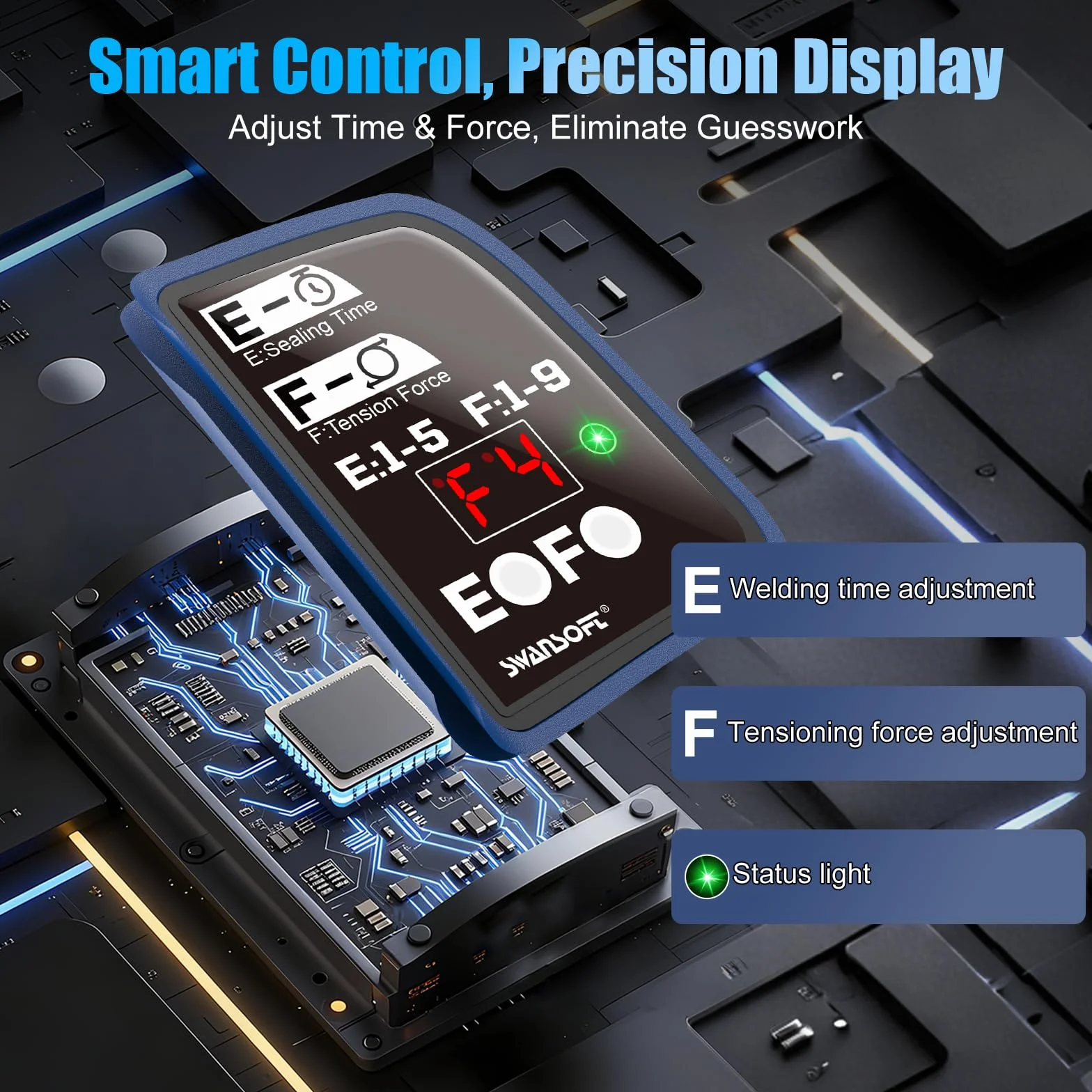 SWANSOFT Máquina de flejado eléctrica para flejes PP/Pet de 14-16 mm con Pantalla Digital - Herramienta automática con 2 baterías de 5000 mAh - para Cajas de Embalaje y palés