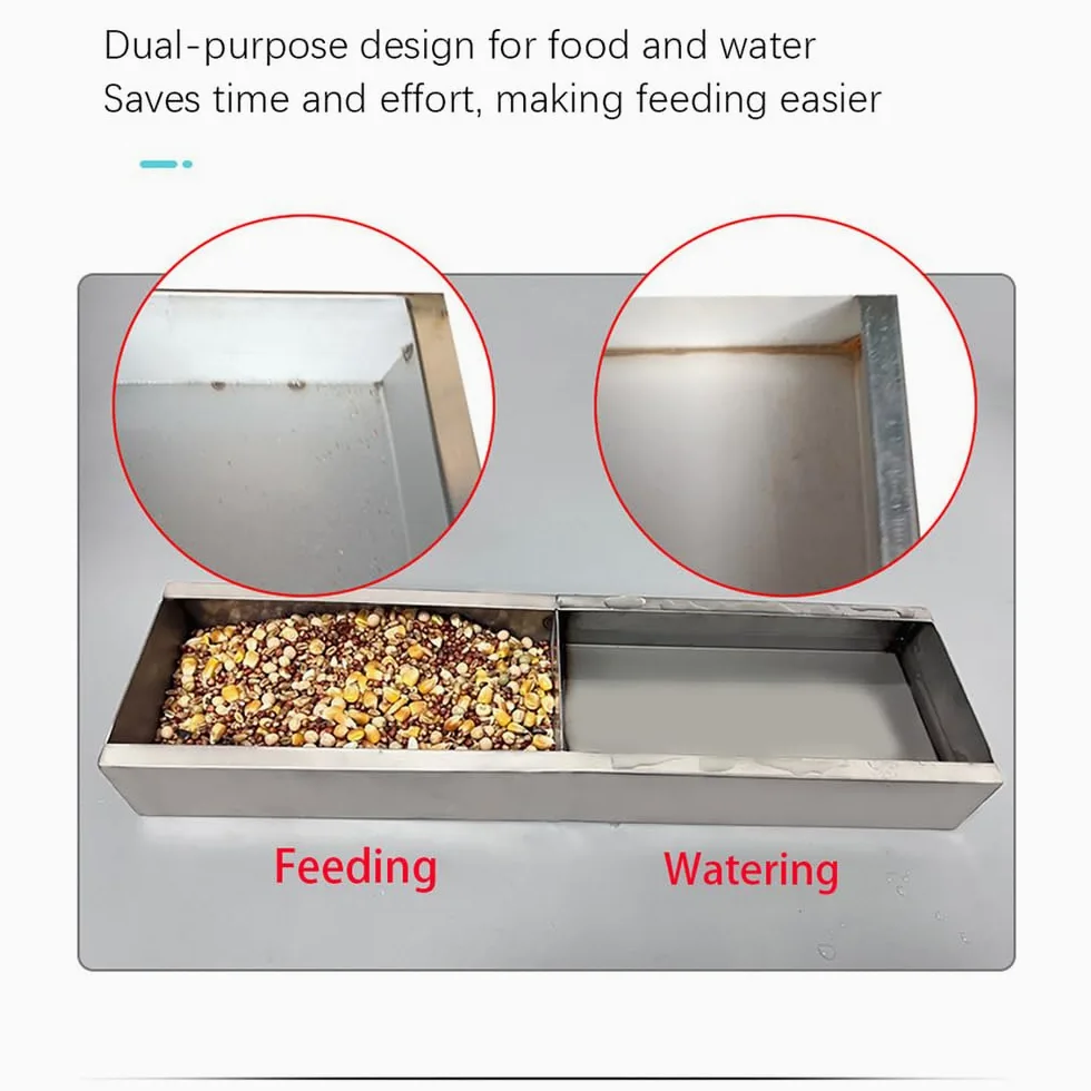 Comedero de pollo de acero inoxidable, comedero rectangular con tapas divididas, equipo de alimentación de aves de corral de doble cara a prueba de derrames para pollos, patos