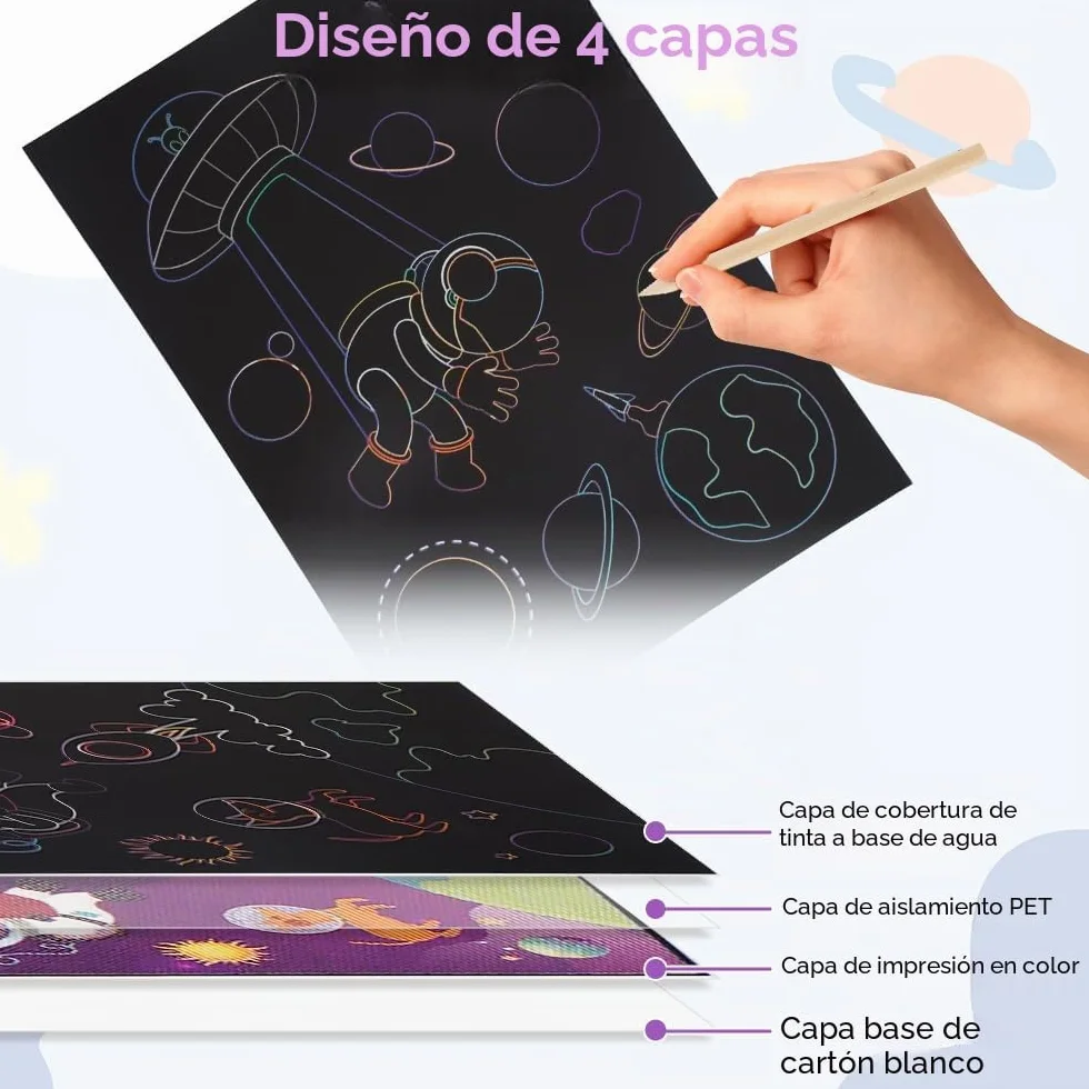 Arte para Rascar para Niños, Paquete de 3 Libros Scratch Art con Lápices de Madera, Dinosaurios, Mundo Submarino, Astronautas