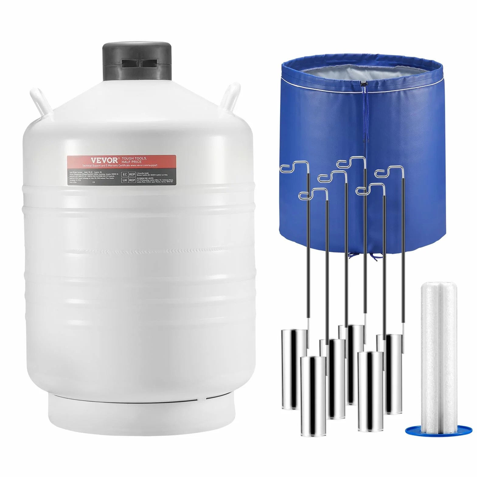 VEVOR Tanque de Nitrógeno Líquido 30 L, Contenedor de Aleación de Aluminio con 6 Botes y Bolsa de Transporte