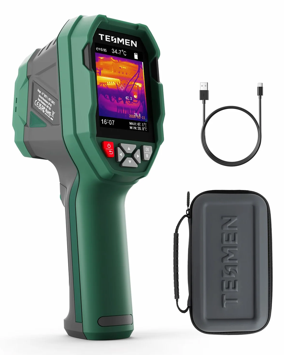 TESMEN TKA-6000 Cámara Térmica, -20°C~550°C, Portátil 25 Hz, TISR 240x240, Ultra-sensible 40mK, Seguimiento en Vivo para Mantenimiento del Hogar, Inspección de Fugas y HVAC