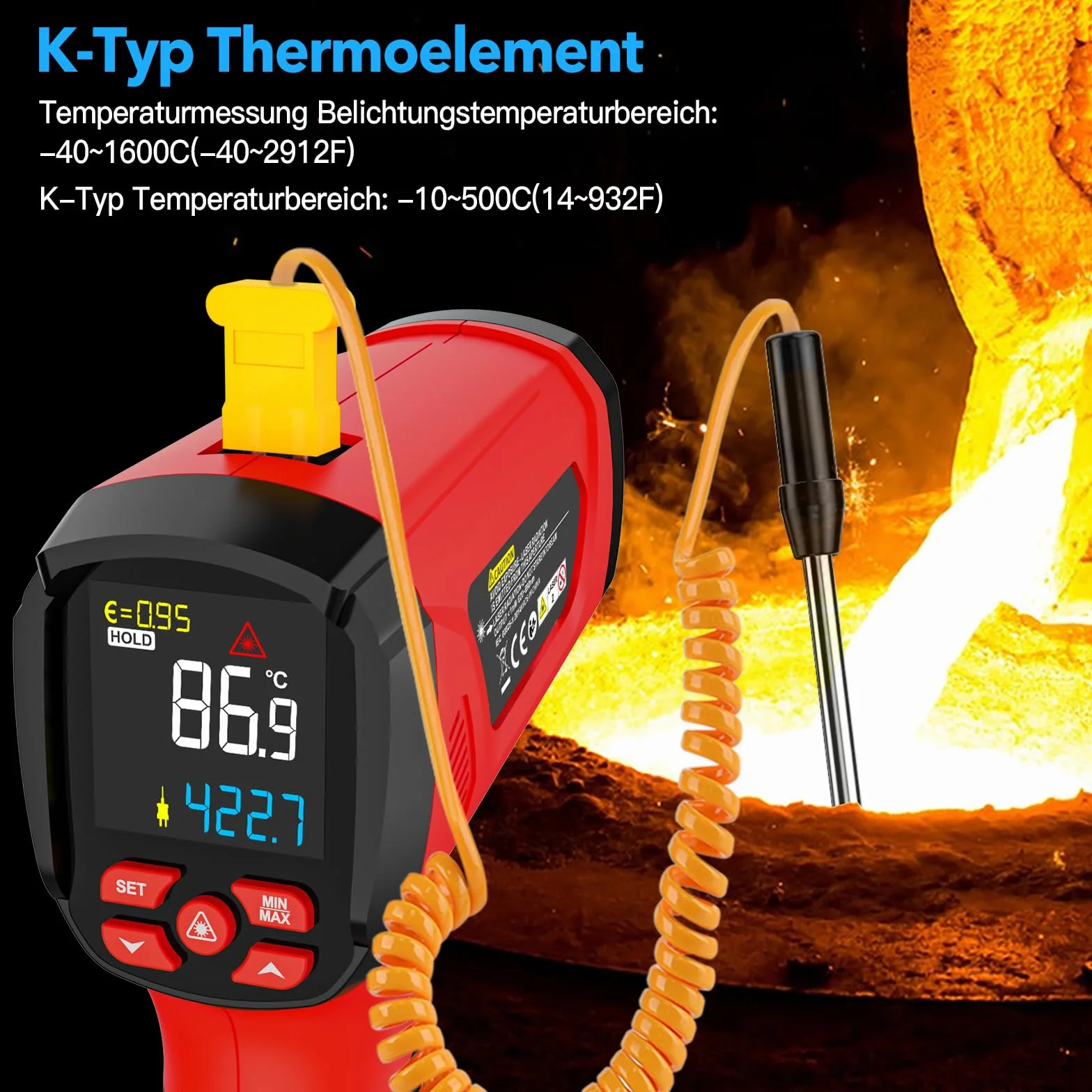 MESTEK Termómetro Infrarrojo Láser -40℃~1600℃ Pistola de Temperatura Sin Contacto Pantalla LCD a Color Ajuste Emisividad