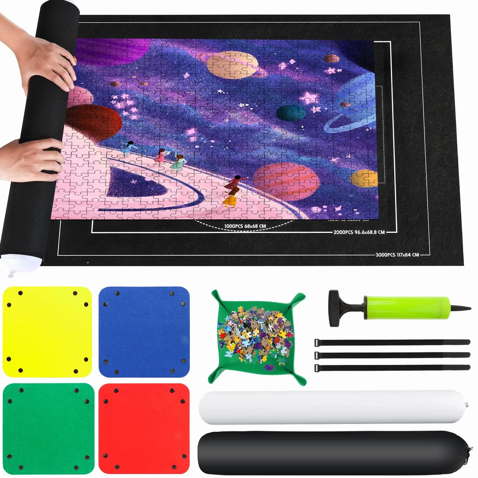 VFANDV Tapete Puzzle Fieltro para 1000 3000 Piezas Jigsaw Puzzle Mat Roll Portátil con 4 Clasificadores Negro