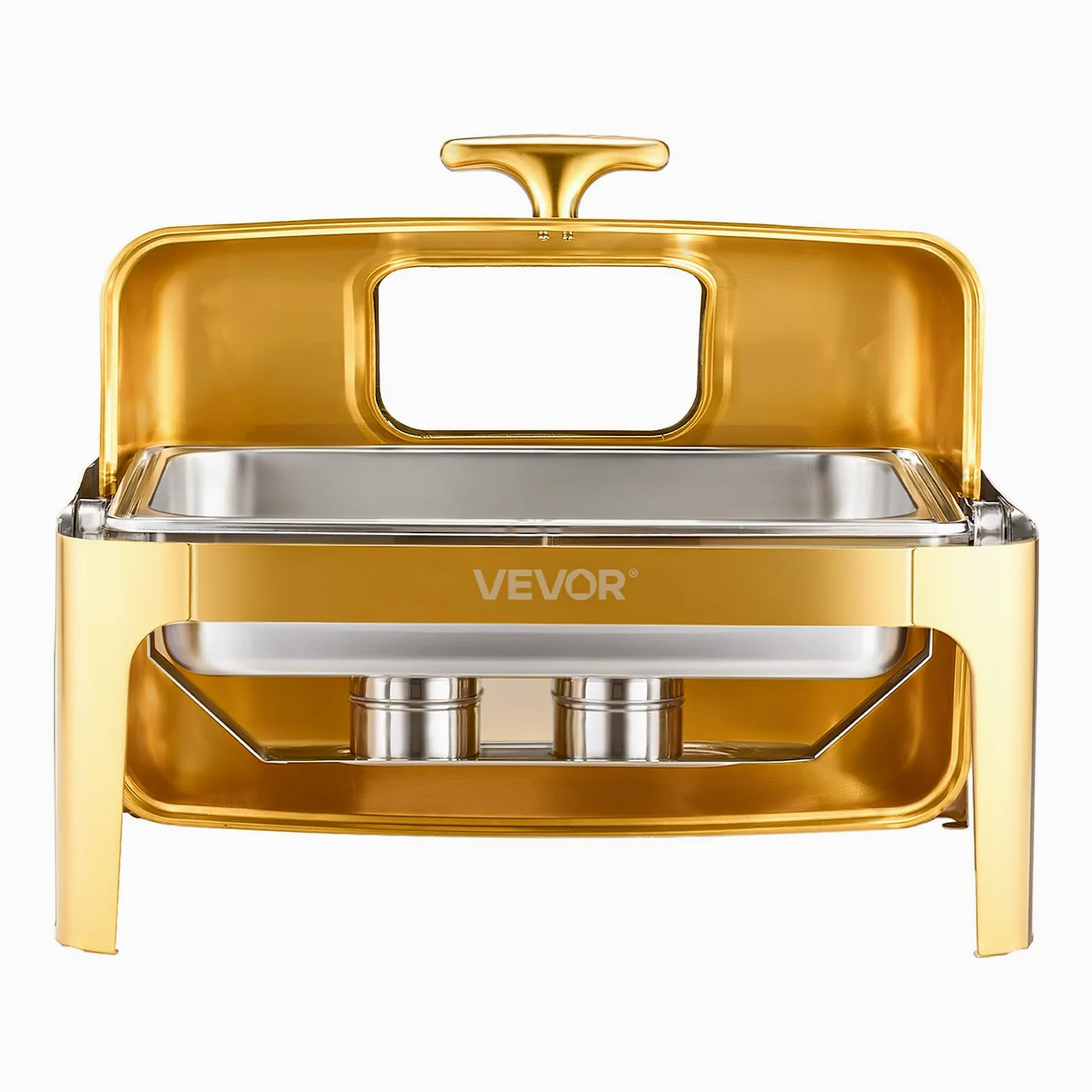 VEVOR Juego de Calentador de Alimentos Acero Inoxidable con Sartenes Tamaño Completo(8,5 L), Rectangular, con Tapa Visible y Soporte para Bandeja de Agua y Depósito de Combustible, Dorado, 1 ud