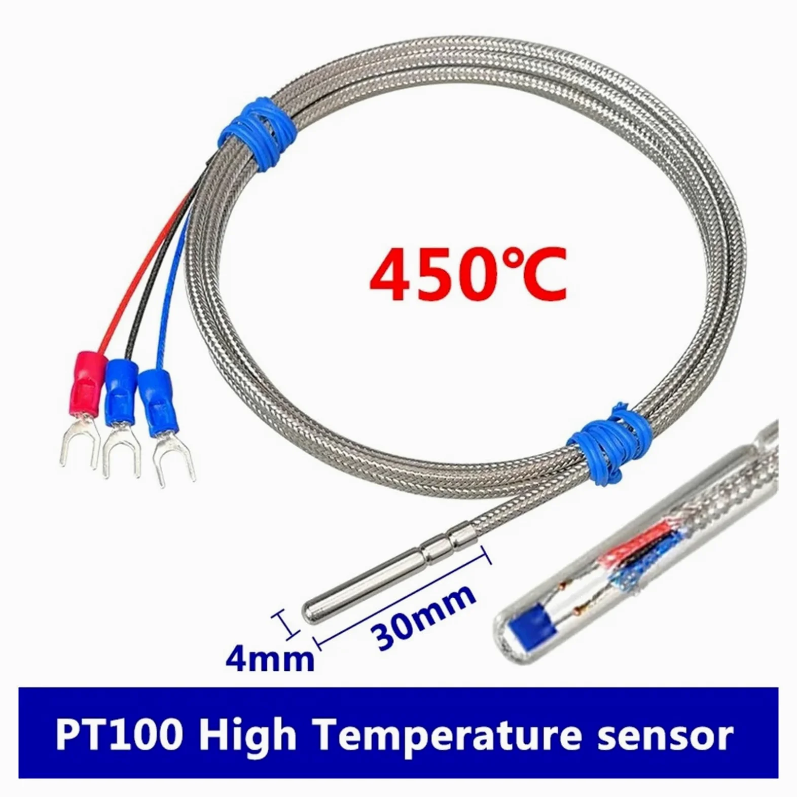 Tipo de sonda de alta temperatura Pt100, sensor, aislamiento de fibra de vidrio, resistencia térmica de platino, 450 ℃ | 5m