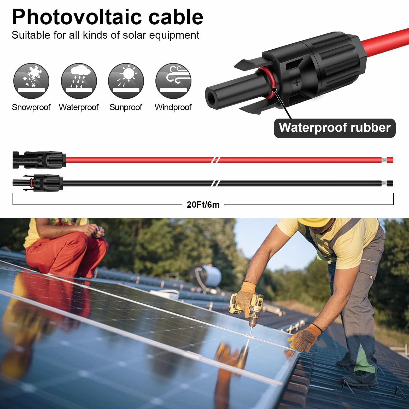 iGreely Cable de extensión de panel solar de 6 mm²/10 AWG con conector de panel solar hembra y macho, adaptador de cable de panel solar impermeable de 6 m (20 pies rojo + 20 pies negro)