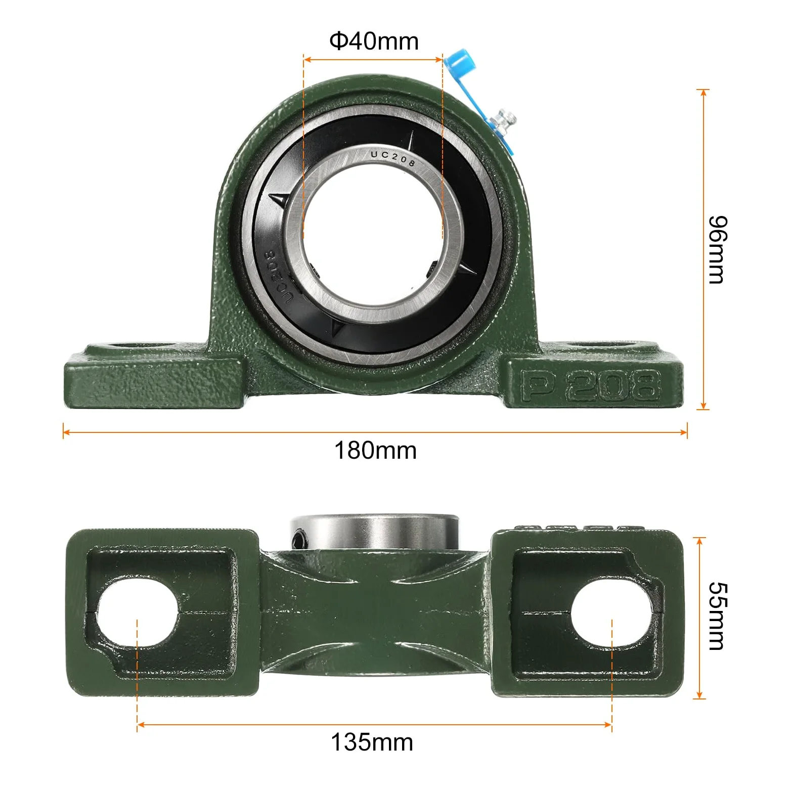 2Pcs Cojinetes de Bloque de Almohada Ucp208 de 40mm de Diámetro, Autoalineación, Base de Hierro Fundido, Cojinetes de Acero Cromado Montados
