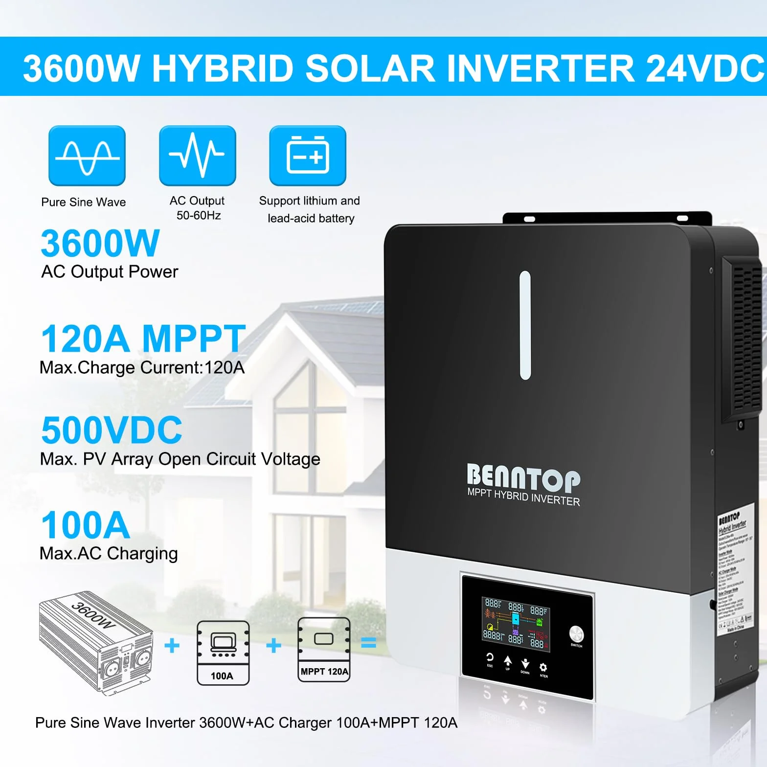 inversor híbrido Puro sinusoidal 3600W 24V DC a 220/230V AC Cargador Solar MAX.PV 500V con 120A MPPT, Adecuado para RV, casa, Camping