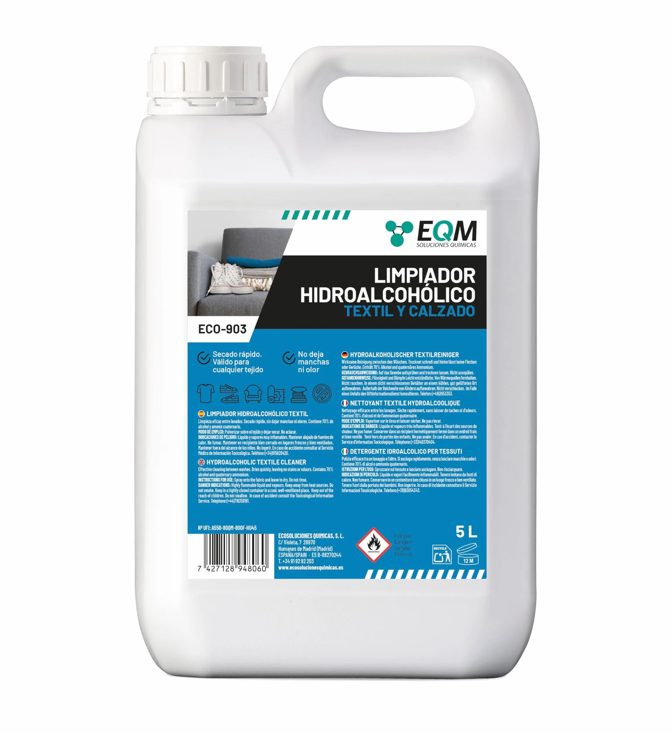 EQM ECO-903 Higienizante Textil Directa 5L Ropa Calzado Secado Rápido Acción Inmediata