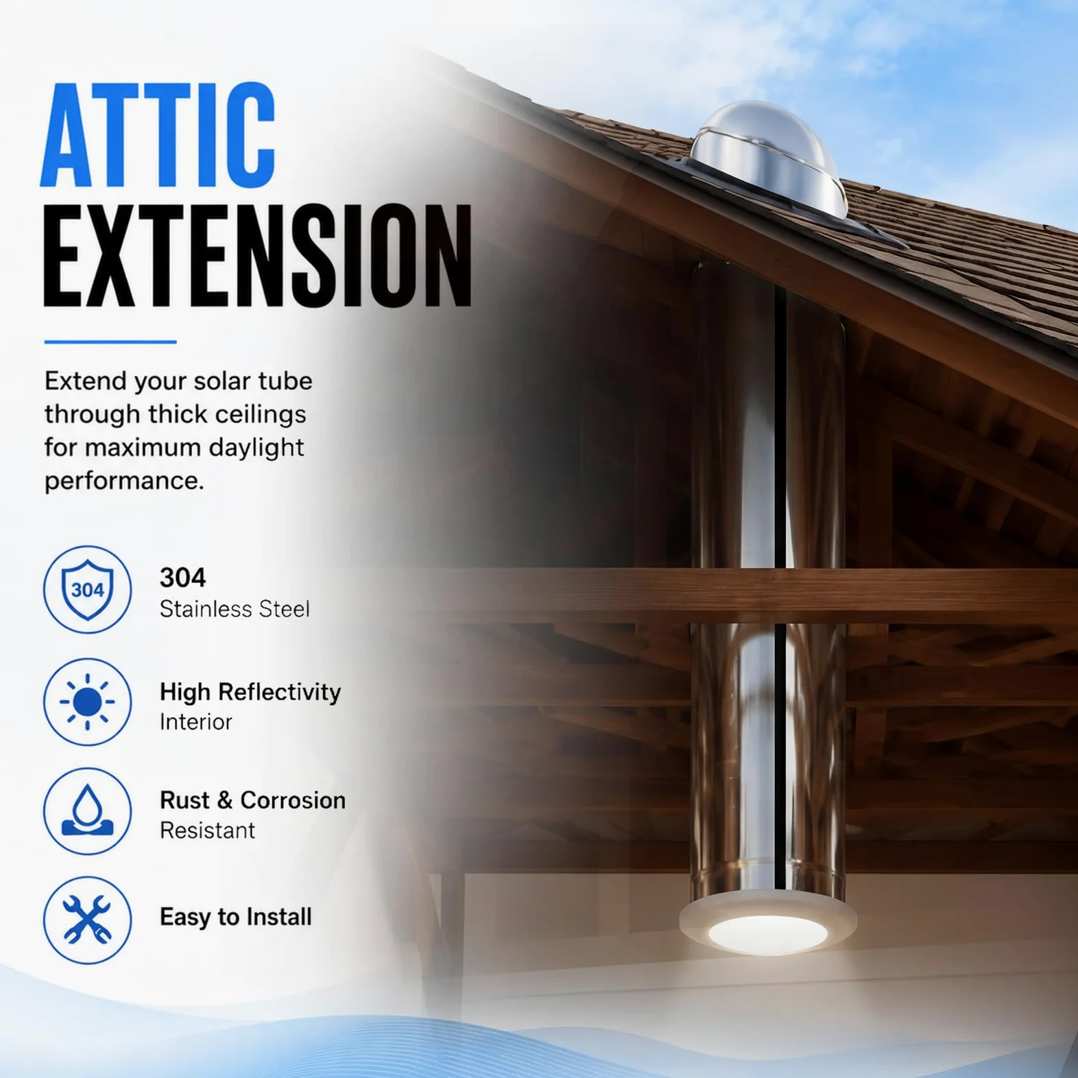 Tubo de extensión de tragaluz de 10 pulgadas de longitud, extensión de túnel de luz de aluminio altamente reflectante para sistema de luz diurna de tubo solar, acabado espejo, incluye cinta