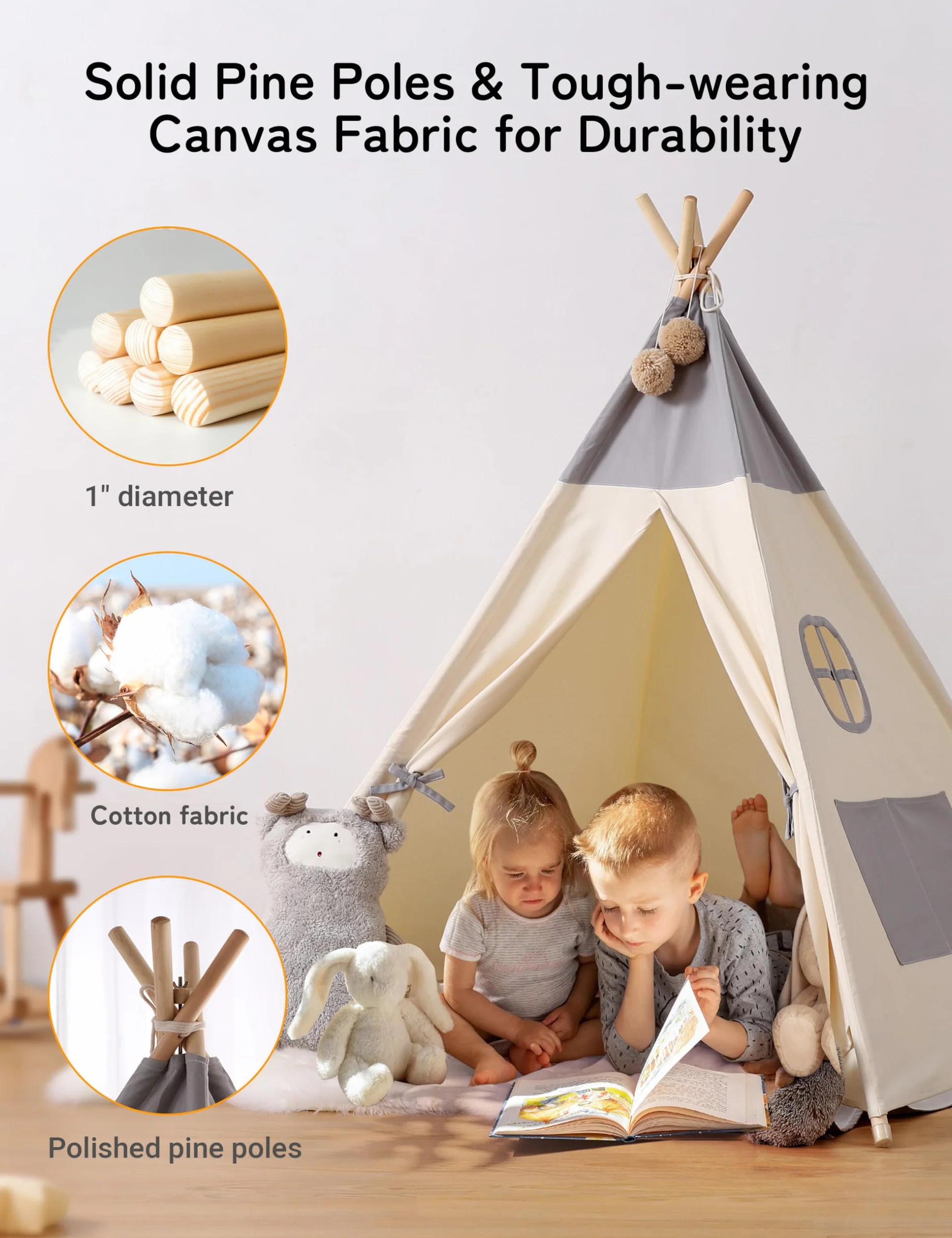 Besrey Tipi Indio para Niños Tienda de Campaña Infantil Canvas Algodón con Alfombra y Luces