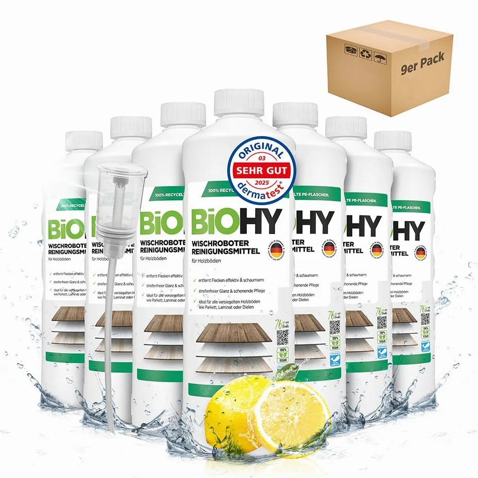 BiOHY Detergente robot de limpieza (9 botellas de 1 litro) + Dosificador | Limpiador para los suelos de madera | parquet y laminado | Concentrado con fragancia fresca (Wischroboter Holz)