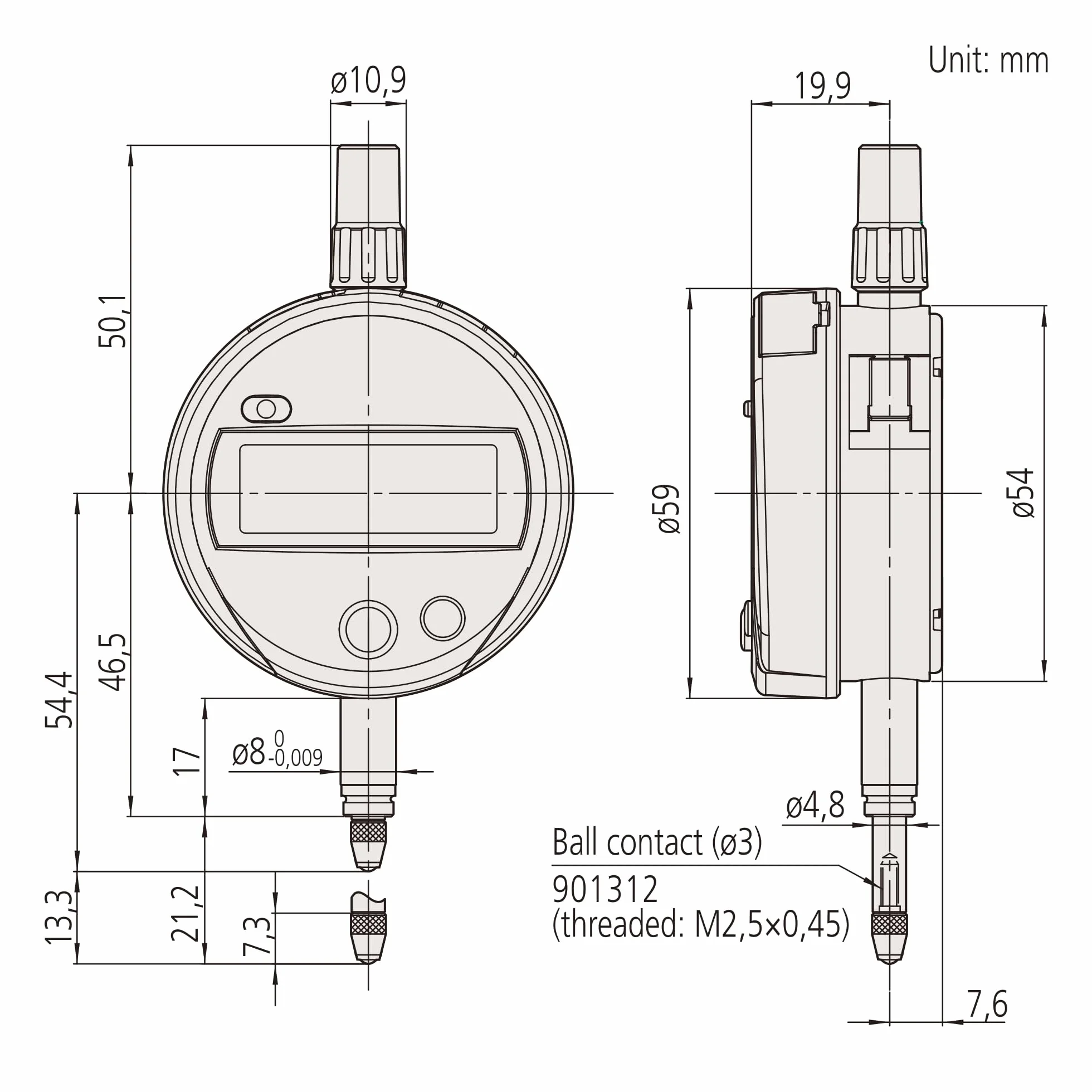 Mitutoyo 543-781B-10 Comparador digital ABS ID-S1012XB2, 12 | 0,001 mm, espalda plana, origen memorizado, salida de datos