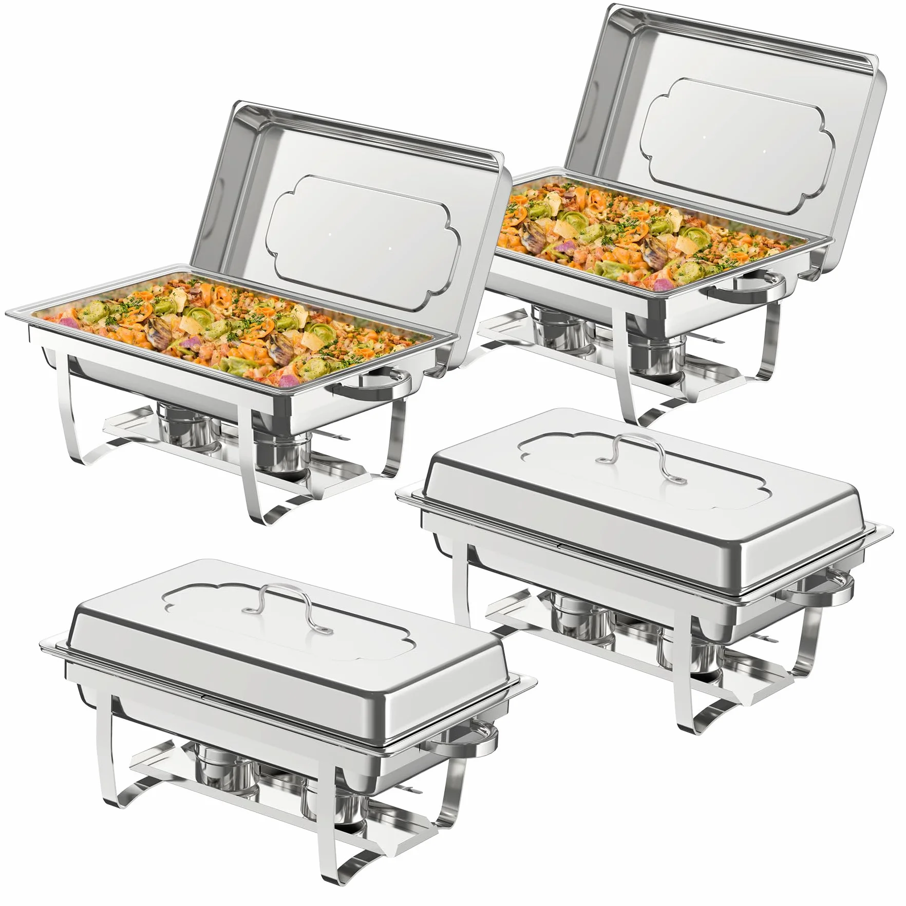 Juego de 4 Platos Calentadores Buffet 9L Acero Inoxidable Rectangular con Bandeja y Marco Plegable