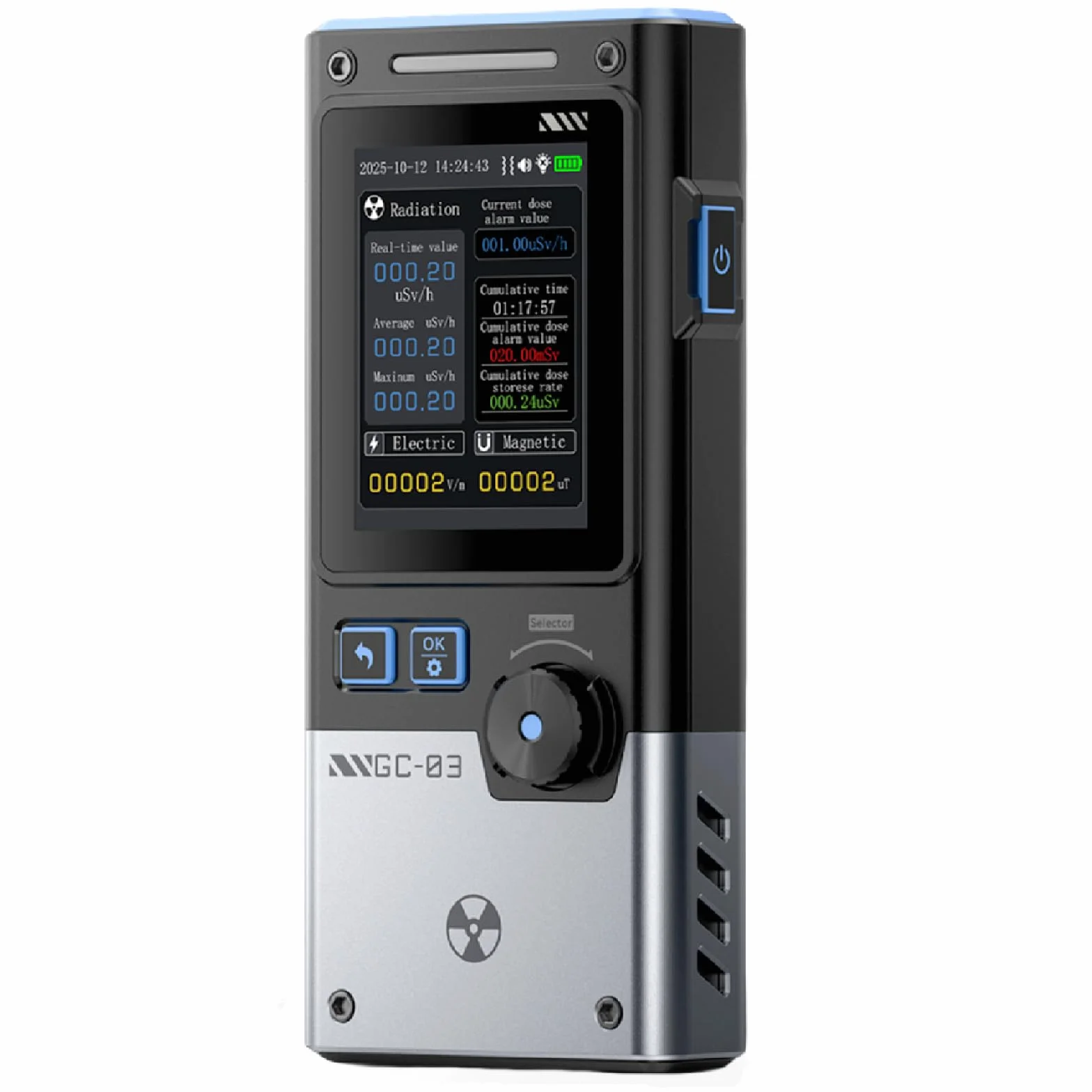 DEWIN Medidor EMF 3-en-1 Detectores de Campo Eléctrico, Campo Magnético y Radiación Nuclear, GC03 Detector de radiación Multifuncional de Triple Alarma con Luz de Fondo