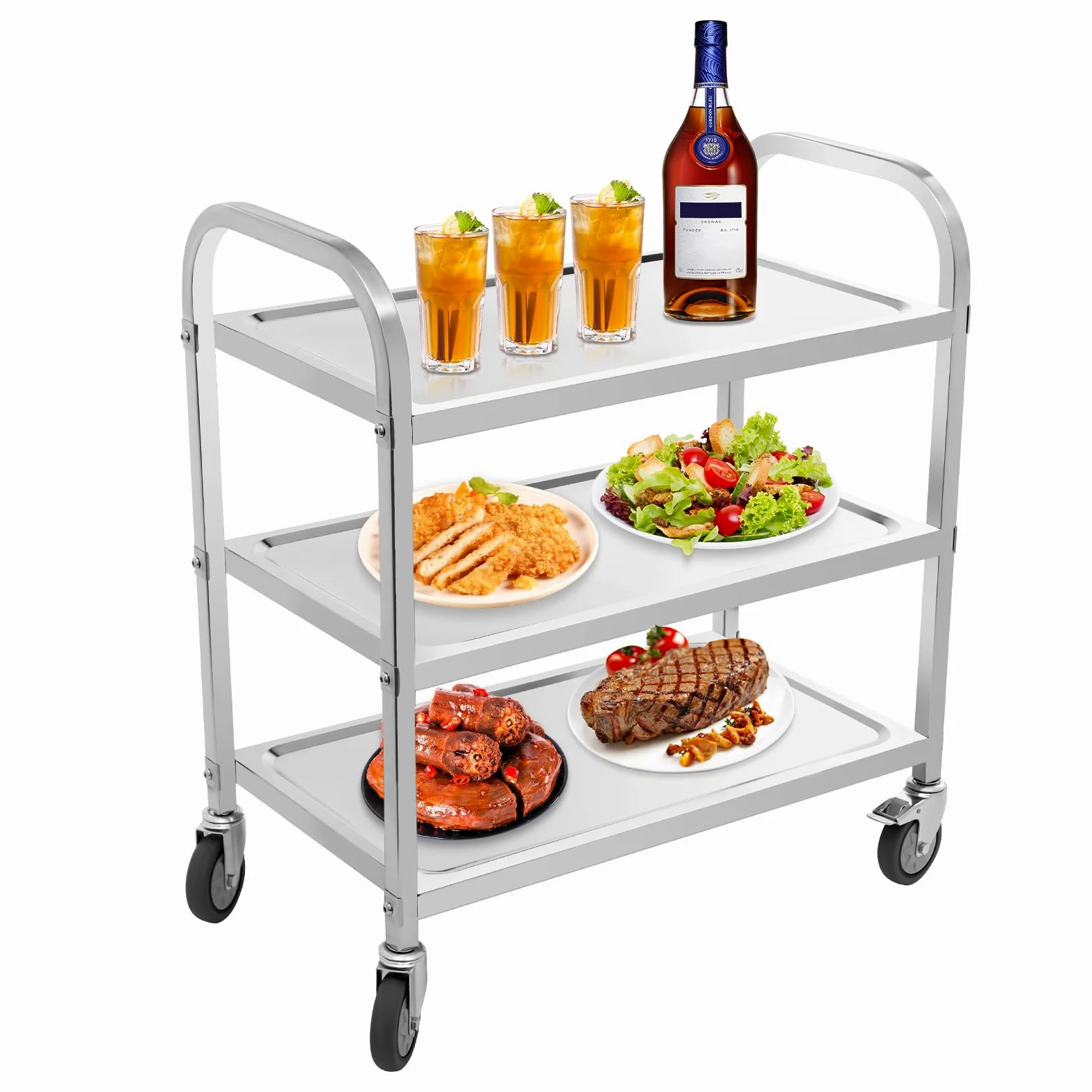 Carro de servicio de 3 niveles de acero inoxidable con ruedas y freno, carrito de cocina para cocina, restaurante, laboratorio y medicina, ruedas universales para uso doméstico y comercial