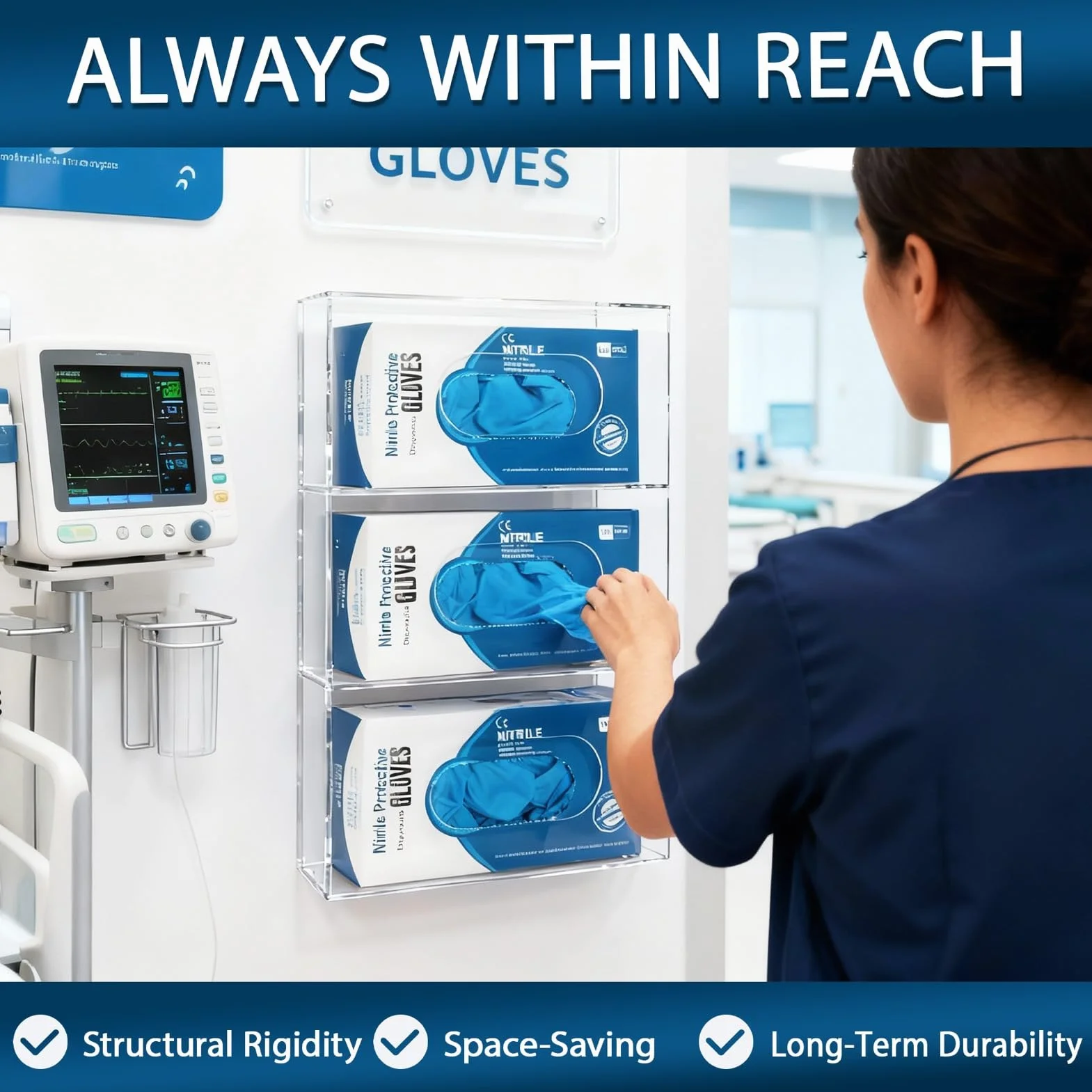 Dispensador acrílico triple compartimento carga lateral para guantes desechables médicos