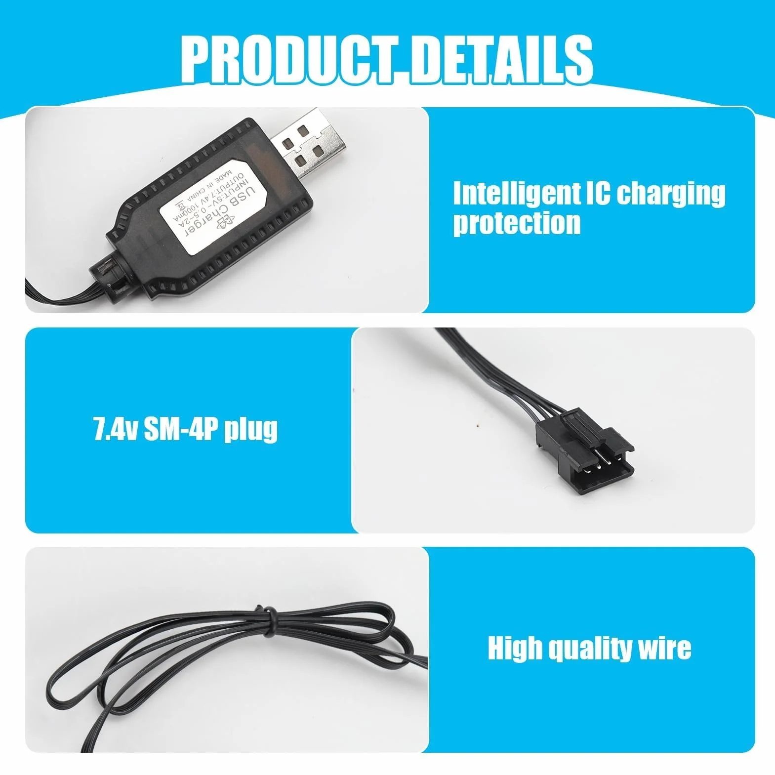 Cargador Universal LiPo 7,4 V USB con Conector SM-4P para Coche y Drone RC