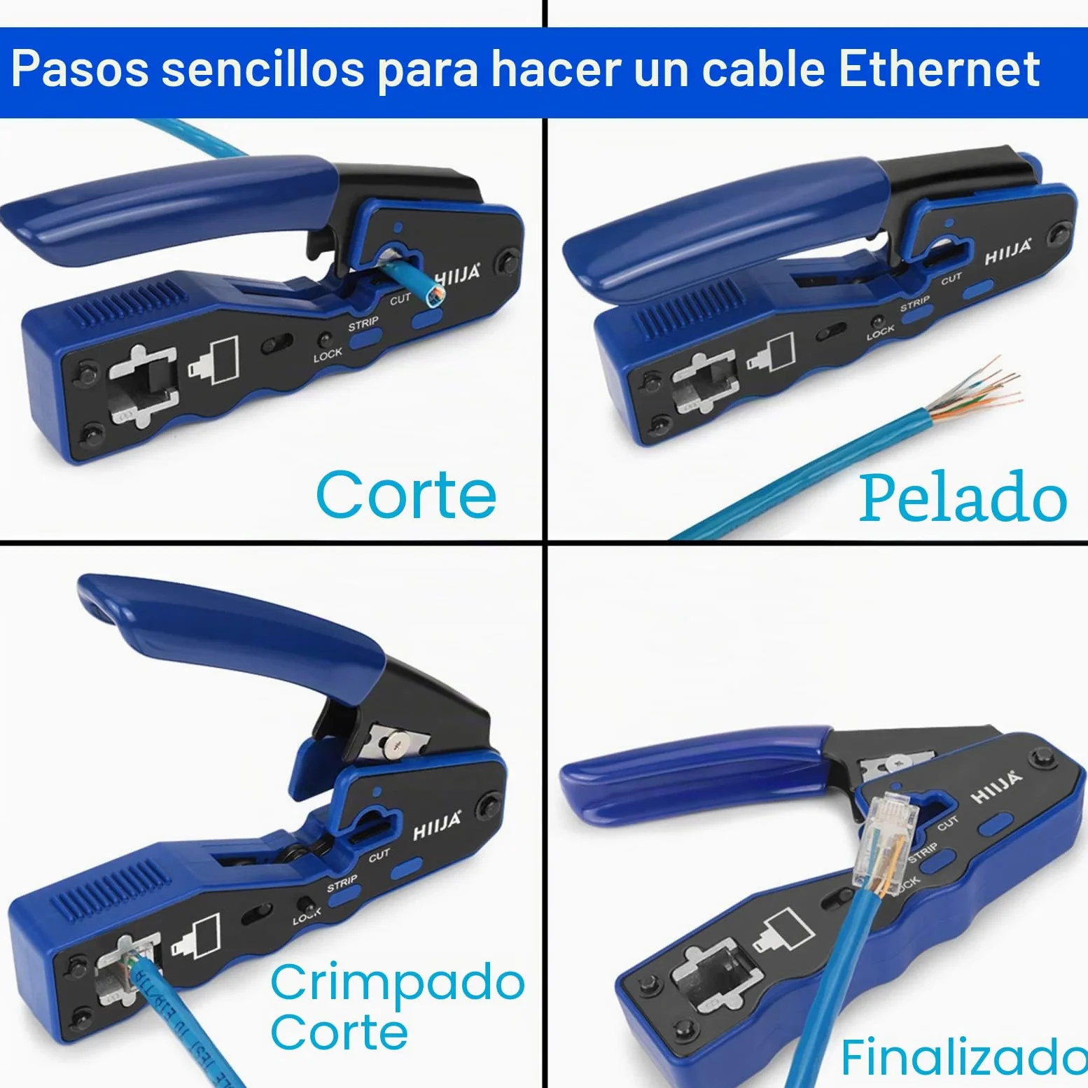 Kit Crimpadora RJ45 Cat6 Cat5e Cat5 con Comprobador de Cable, Herramienta Ethernet 3 en 1 con Pelacables, 50 Conectores RJ45 Pasantes y Fundas