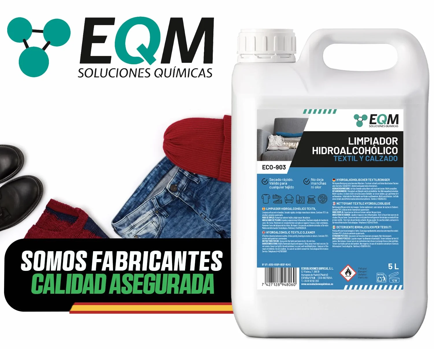 EQM ECO-903 Higienizante Textil Directa 5L Ropa Calzado Secado Rápido Acción Inmediata