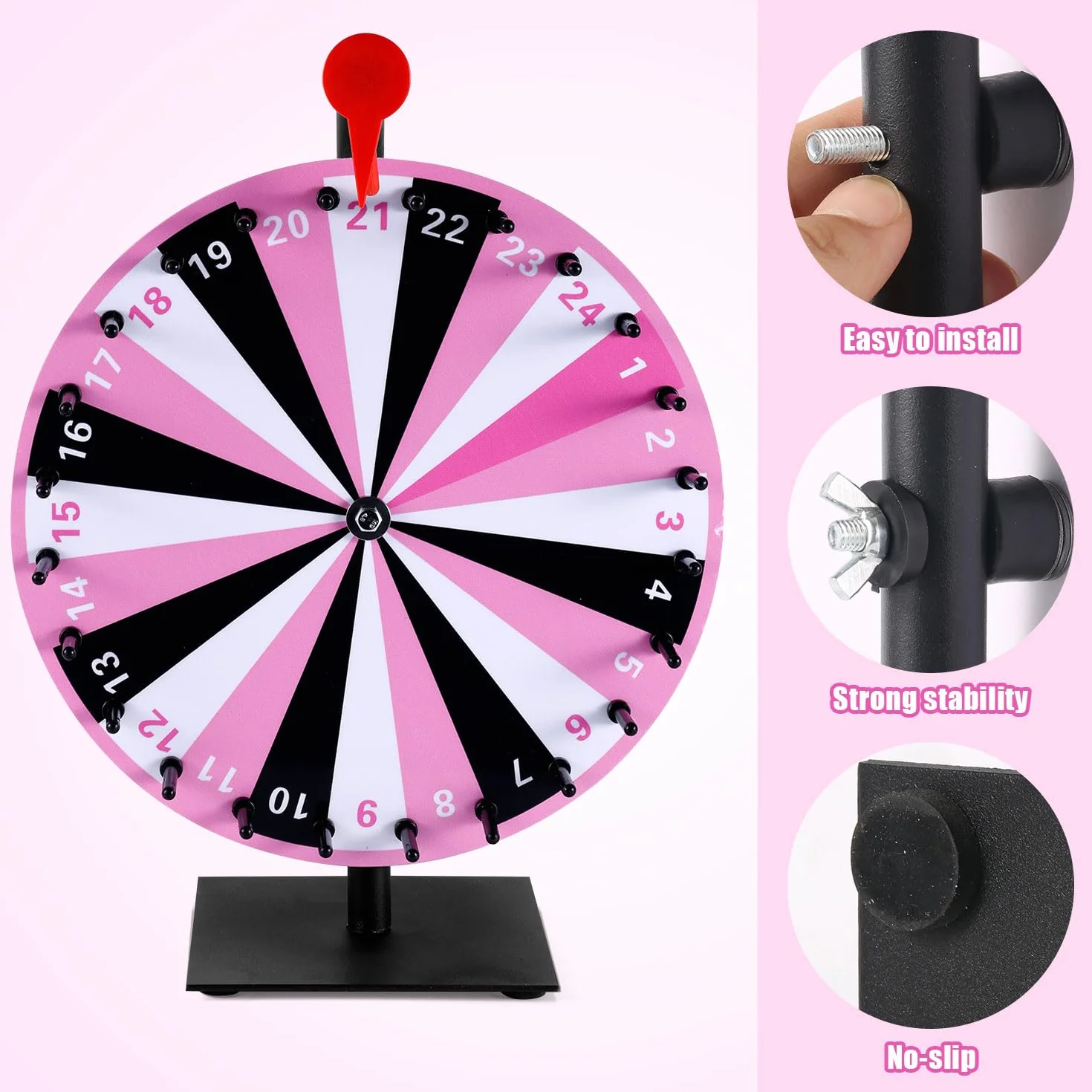 Rueda de la Suerte Giratoria 24 Ranuras Base Duradera Rueda de Premio Ruleta de Mesa para Juego de Fiesta (Rosa)