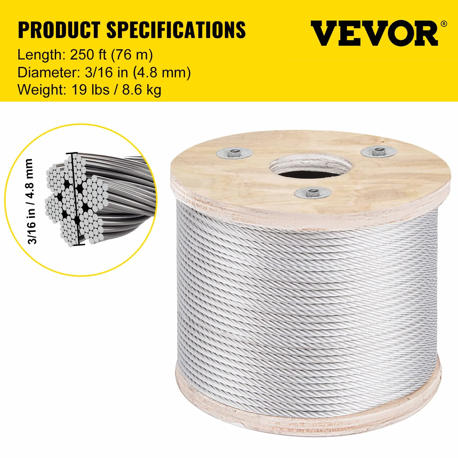 VEVOR Cuerda de alambre diámetro de 3/16" / 4,8 mm cable de acero inoxidable 304 longitud de 250 pies / 76 m cable 7x19 para bricolaje barandilla, tendedero, barandilla de escalera, valla de jardín