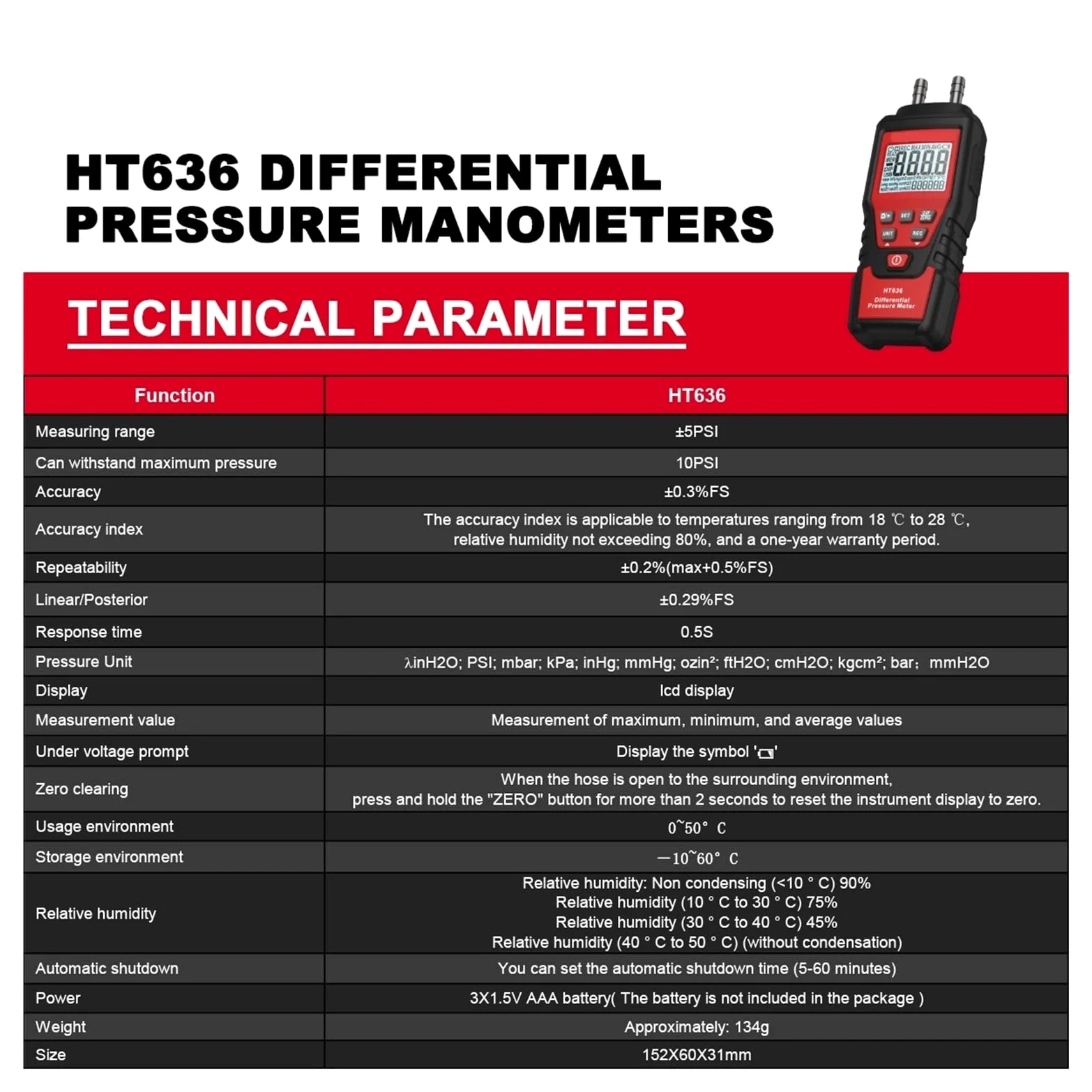 HT636 Manómetro digital de presión diferencial pantalla LCD servicio HVAC | Mide presión diferencial de aire para conductos HVAC, filtros, ventilación y diagnóstico