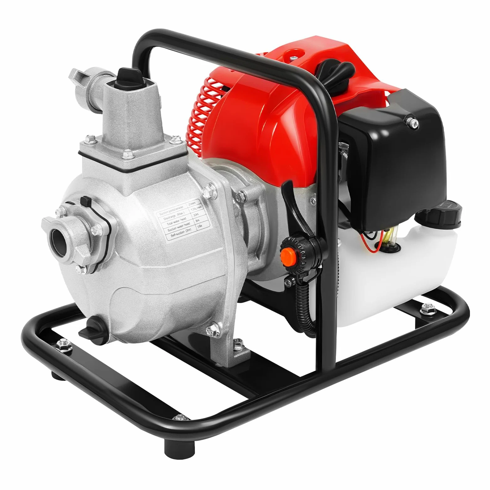 Motobomba gasolina 2 tiempos 43cc 1,7CV, bomba de agua térmica portátil 135L/min, altura de descarga 30 m auto-Amorzante, conexión 25 mm para riego jardín drenaje, refrigeración aire, 36x28x32cm