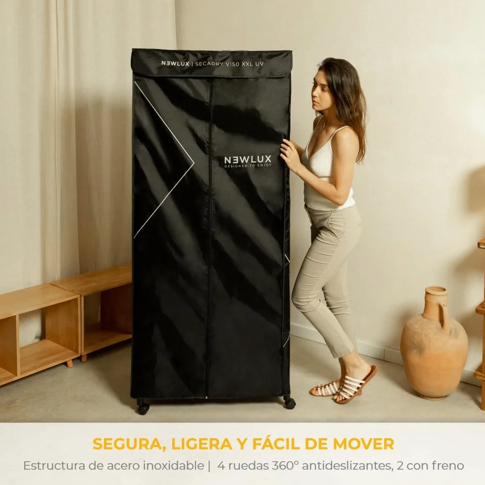 NEWLUX Secadora de Ropa Eléctrica Portátil 15Kg 1200W Luz UV 4 Niveles 180min Negro