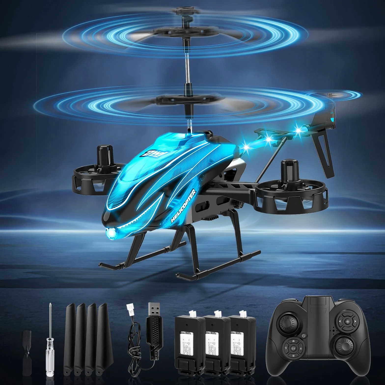 Charmofun Helicóptero Teledirigido 2.4G RC con 7 Luces, 3 Baterías, 33 Minutos Vuelo, 4.5 Canales, Giroscopio, Regalo para Niños 6+ Años Azul
