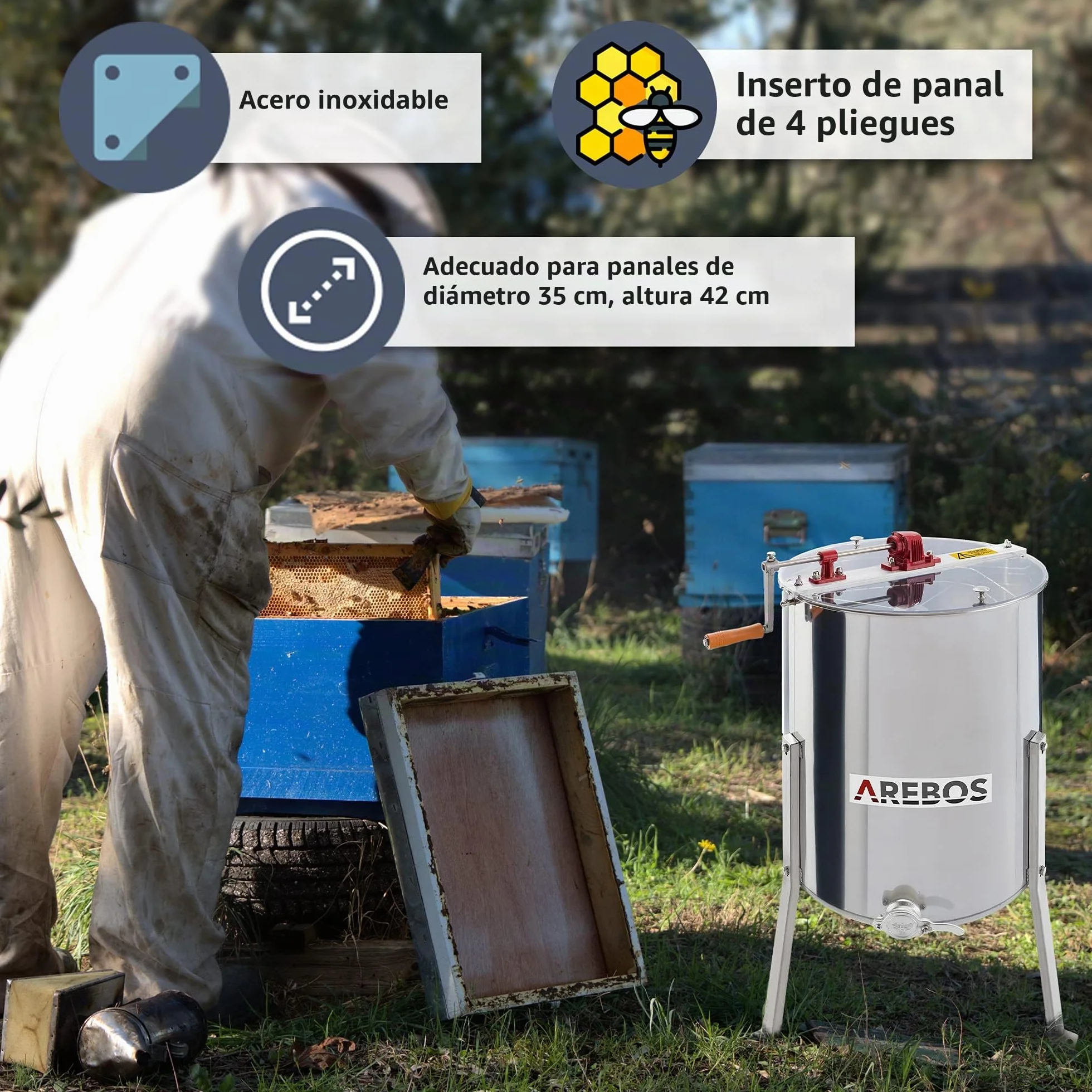 Arebos Extractor manual de miel Premium | 4 marcos para panales | Extractor tangencial de acero inoxidable | Extractor de miel con tapa | Accesorios para apicultura y apicultores