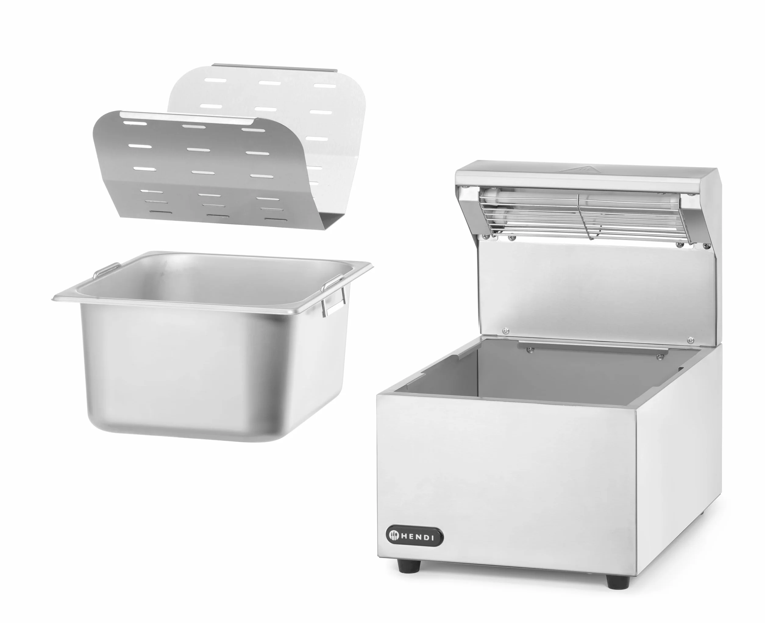 HENDI Calientapatatas fritas eléctrico con lámpara infrarroja, bandeja perforada, cubeta GN 1/2, 220V, 400W, 357x267x376mm, acero inoxidable