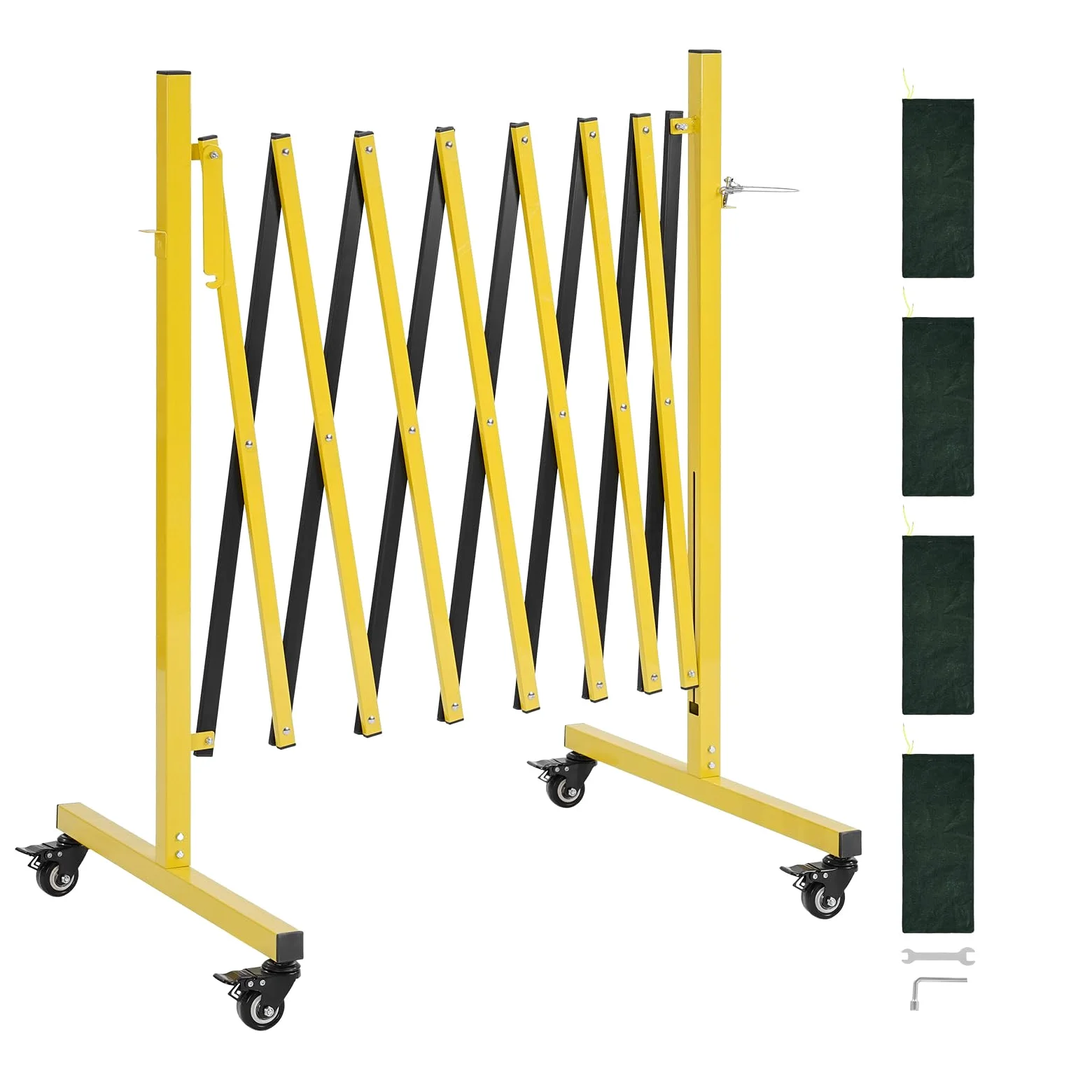 VEVOR Barricada Extensible de 3,82 m, Barrera de Seguridad Plegable con Ruedas y Frenos, Valla Metálica Portátil, Aluminio, para Uso Industrial Construcción Control de Espacios, Color Negro Amarillo