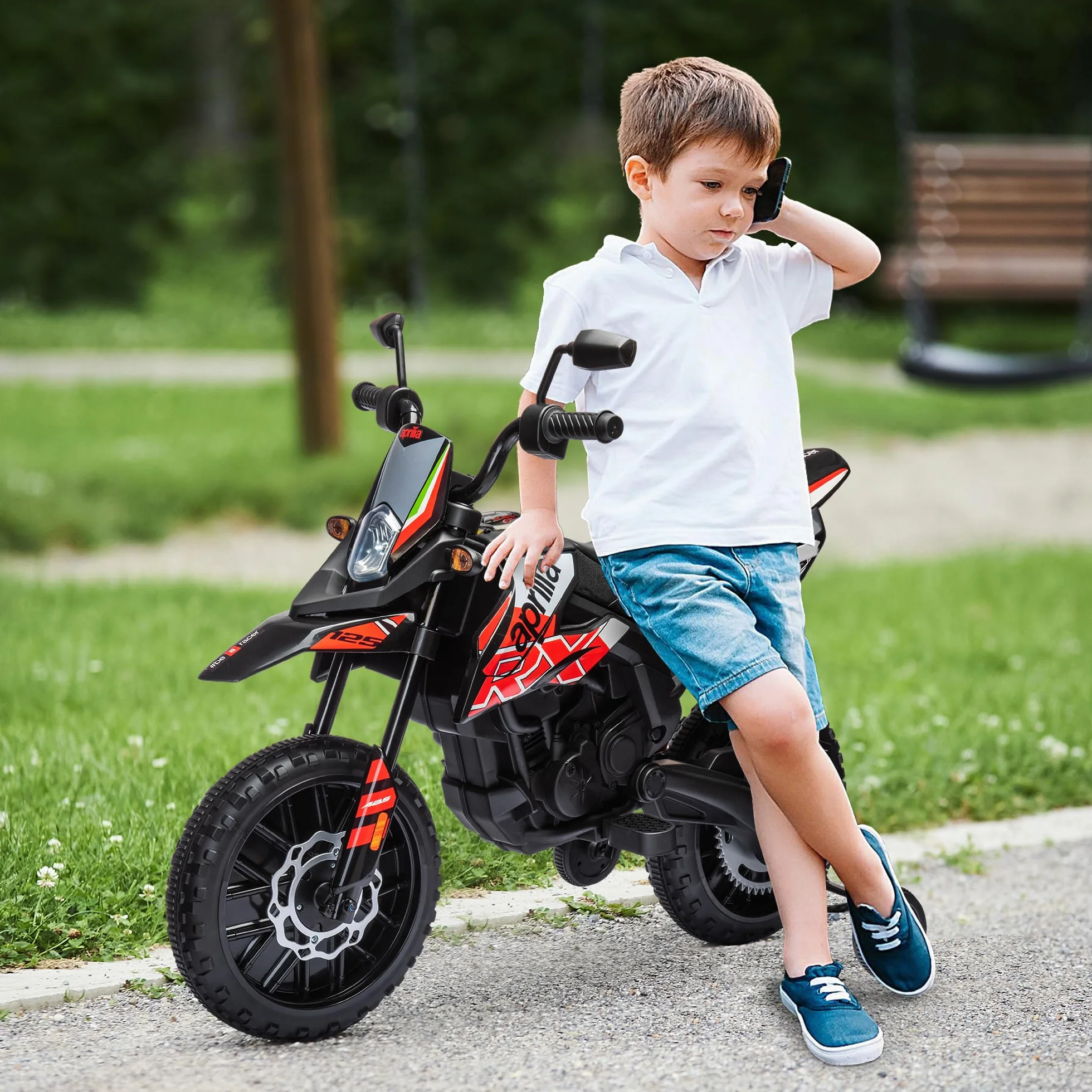 AIYAPLAY Moto Eléctrica Infantil 12V Aprilia con Ruedas Auxiliares, 6 km/h, Rojo